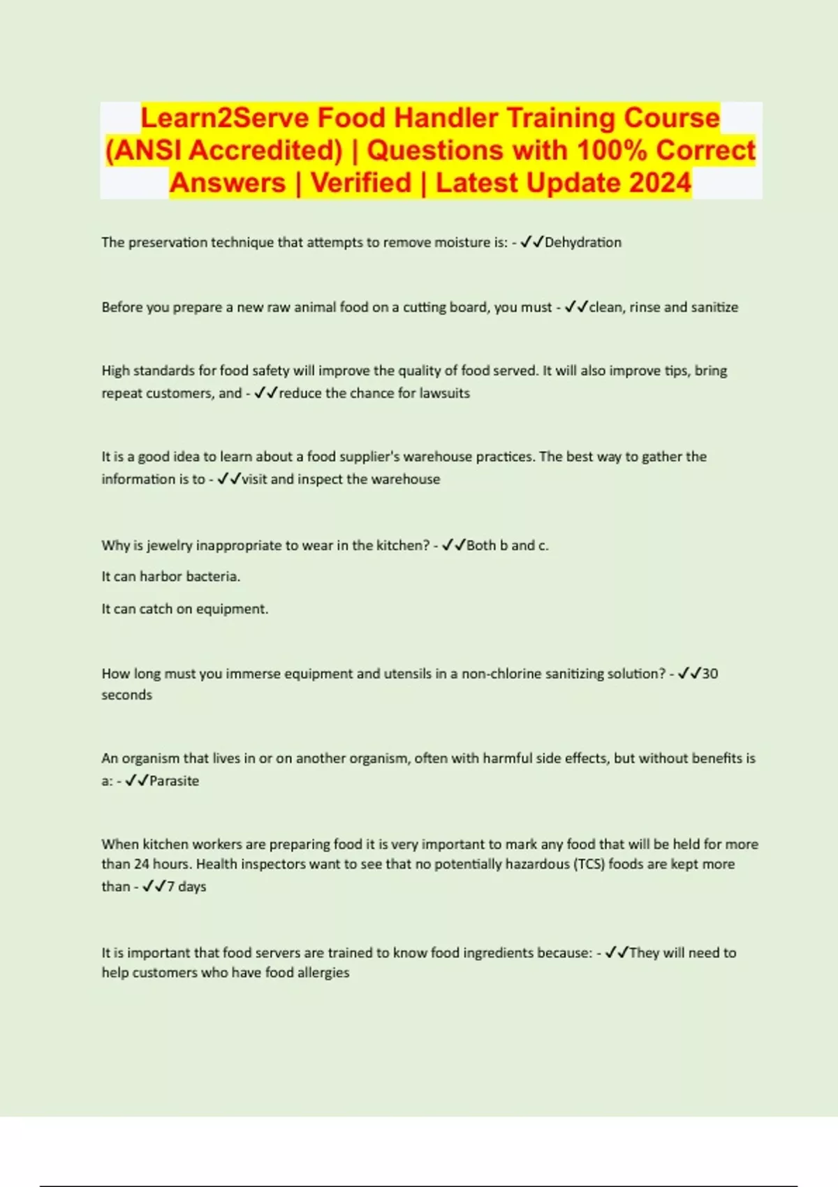 Learn2Serve Food Handler Training Course (ANSI Accredited) Questions
