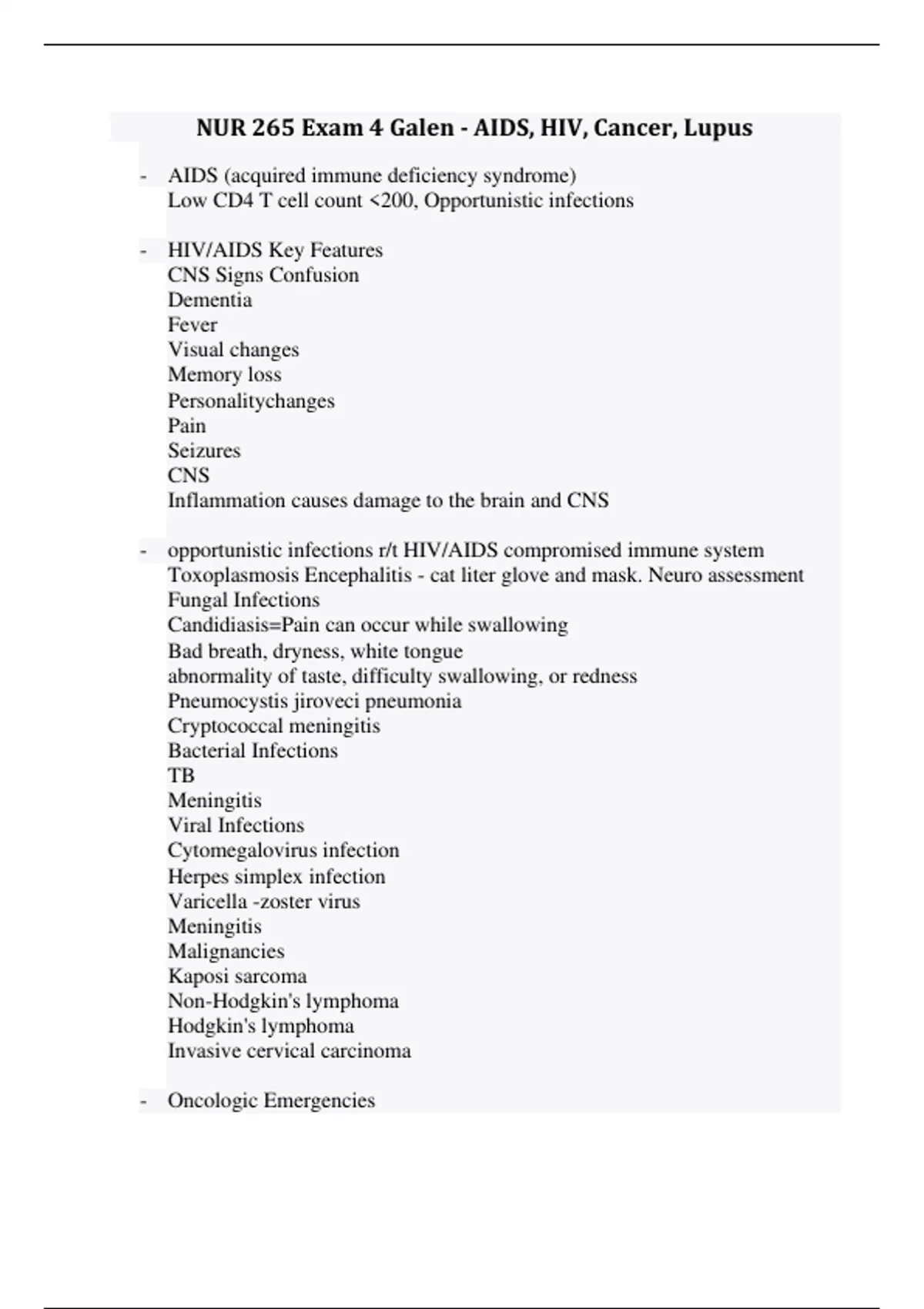 NUR 265 Exam 4 Galen - AIDS, HIV, Cancer, Lupus - NUR265 (NUR265 ...