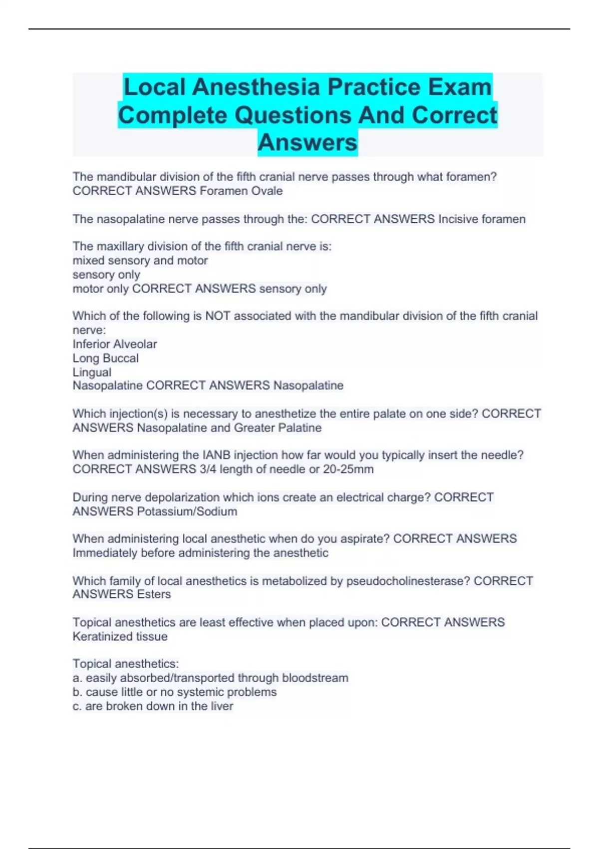 Local Anesthesia Practice Exam Complete Questions And Correct Answers