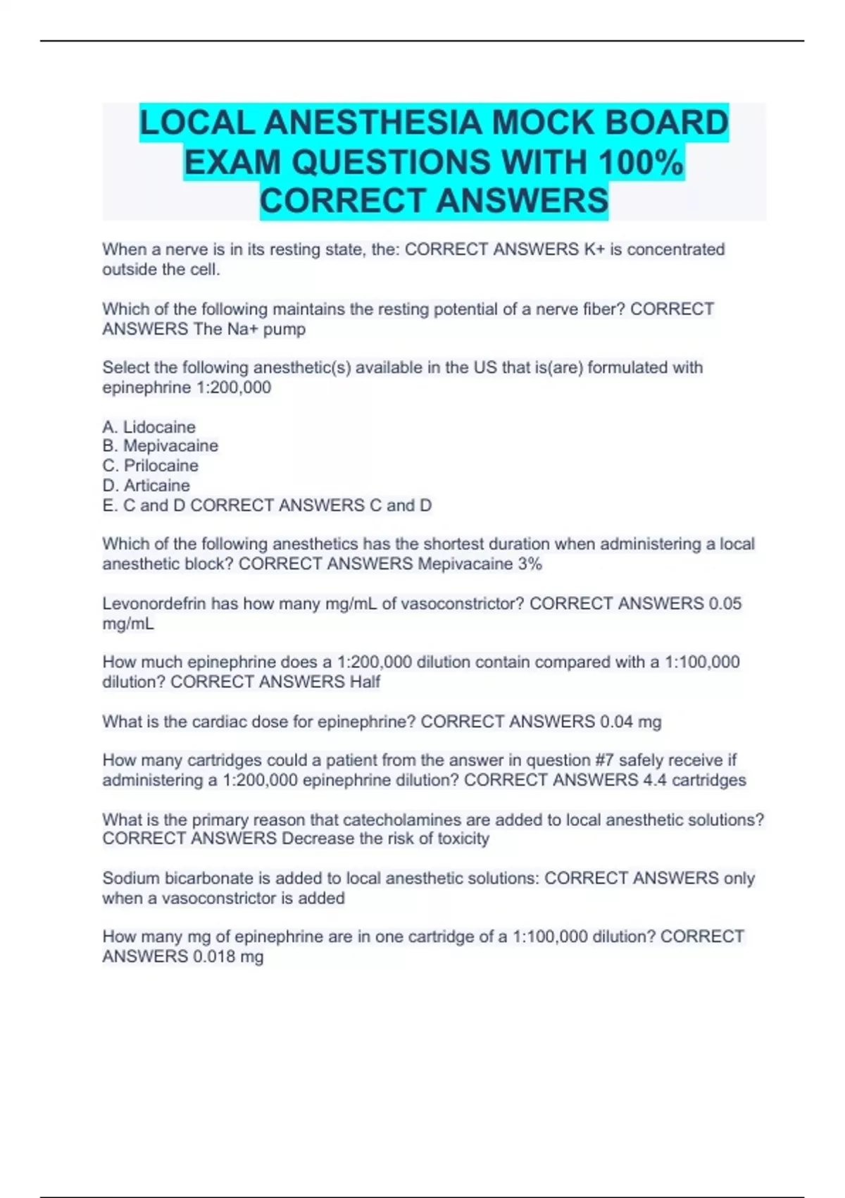 LOCAL ANESTHESIA MOCK BOARD EXAM QUESTIONS WITH 100 CORRECT ANSWERS