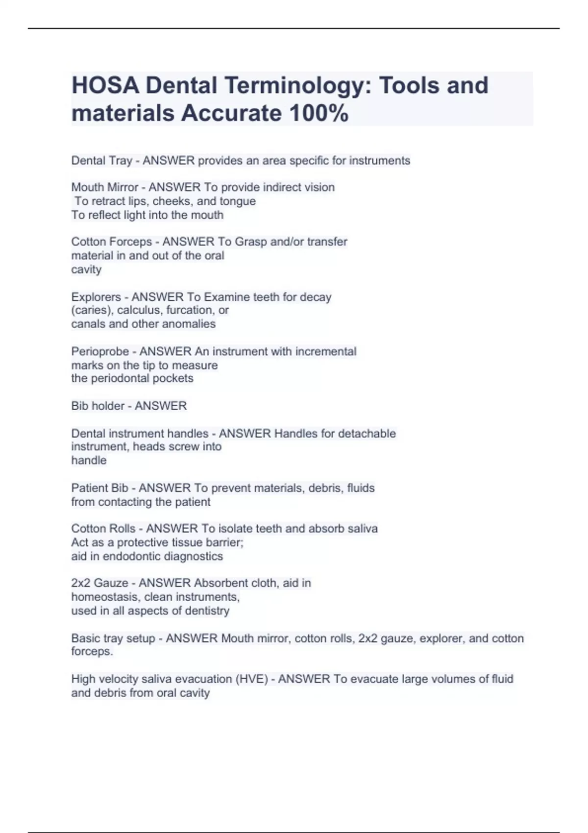 HOSA Dental Terminology Tools and materials Accurate 100 Stuvia US