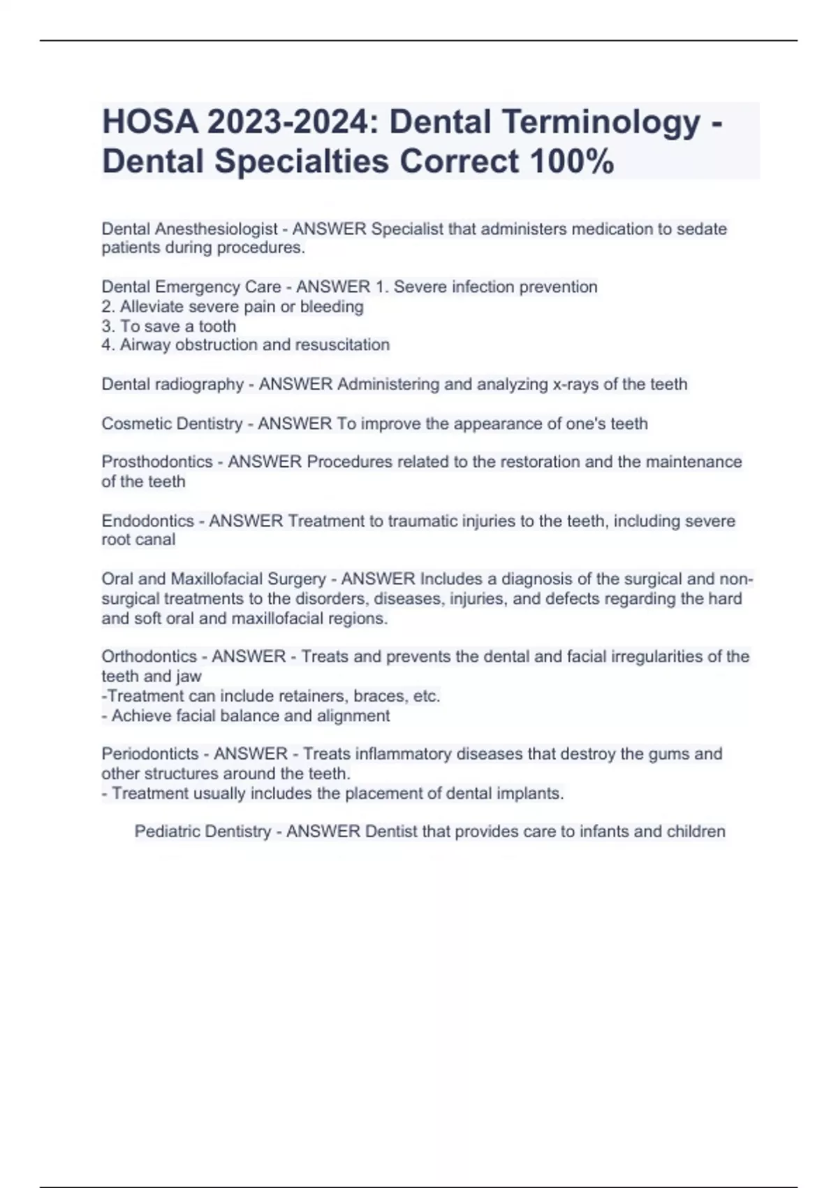 HOSA Dental Terminology Dental Specialties Correct 100 HOSA