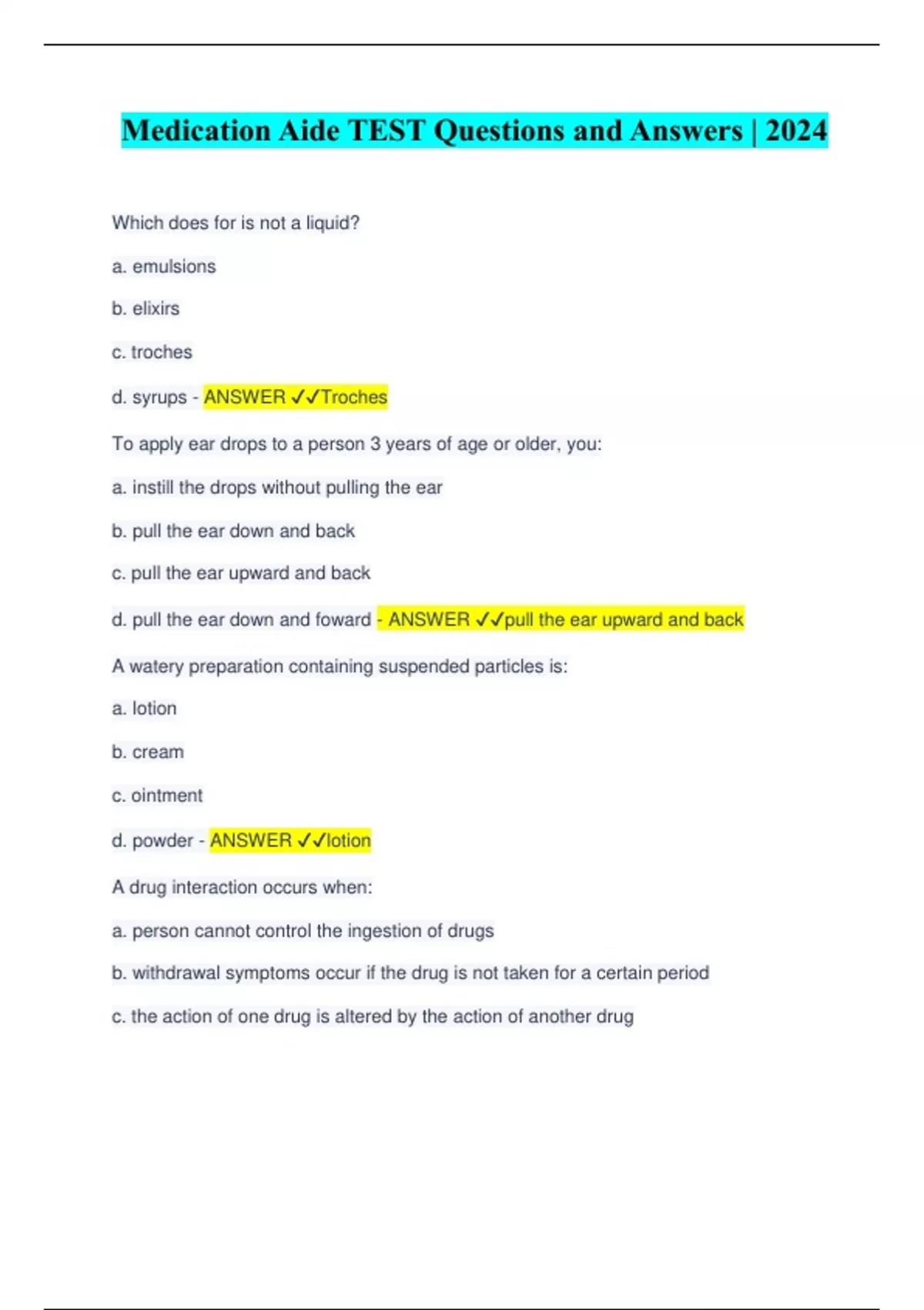 Medication Aide TEST Questions and Answers 2024 Medication Aide Stuvia US