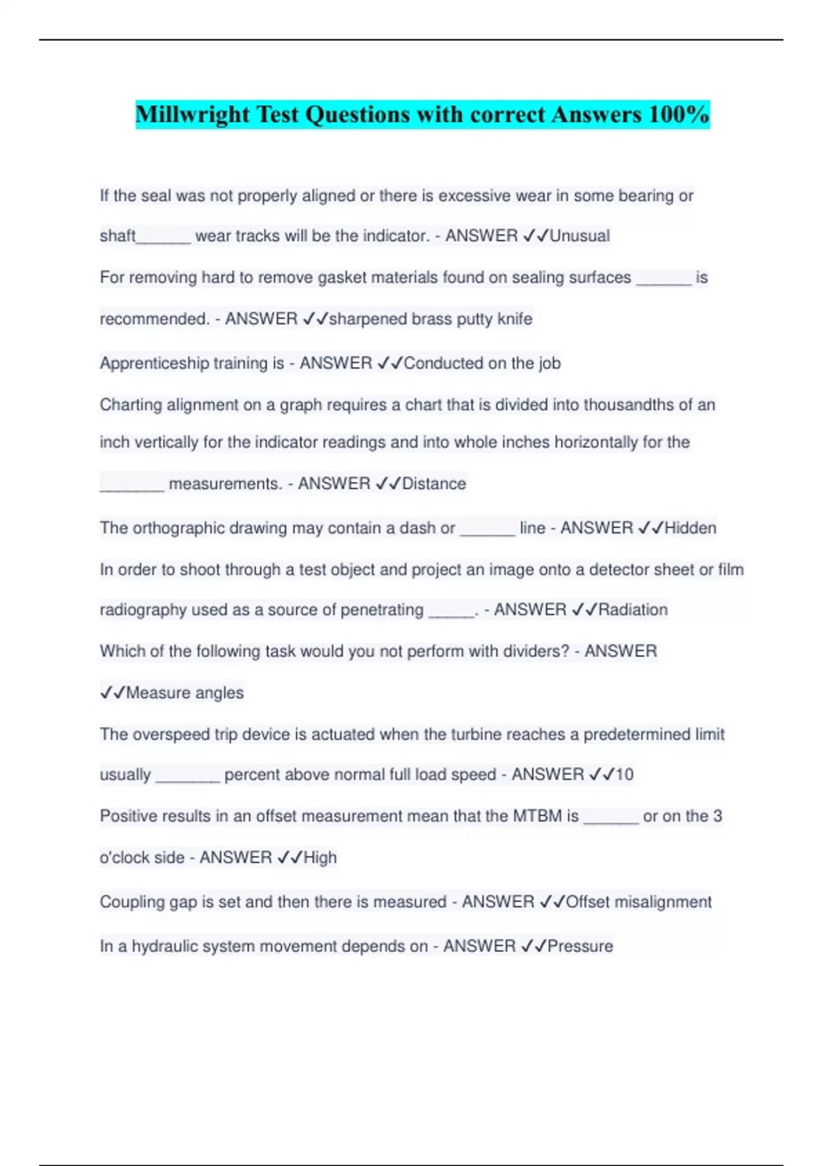 Millwright Test Questions with correct Answers 100 Stuvia US