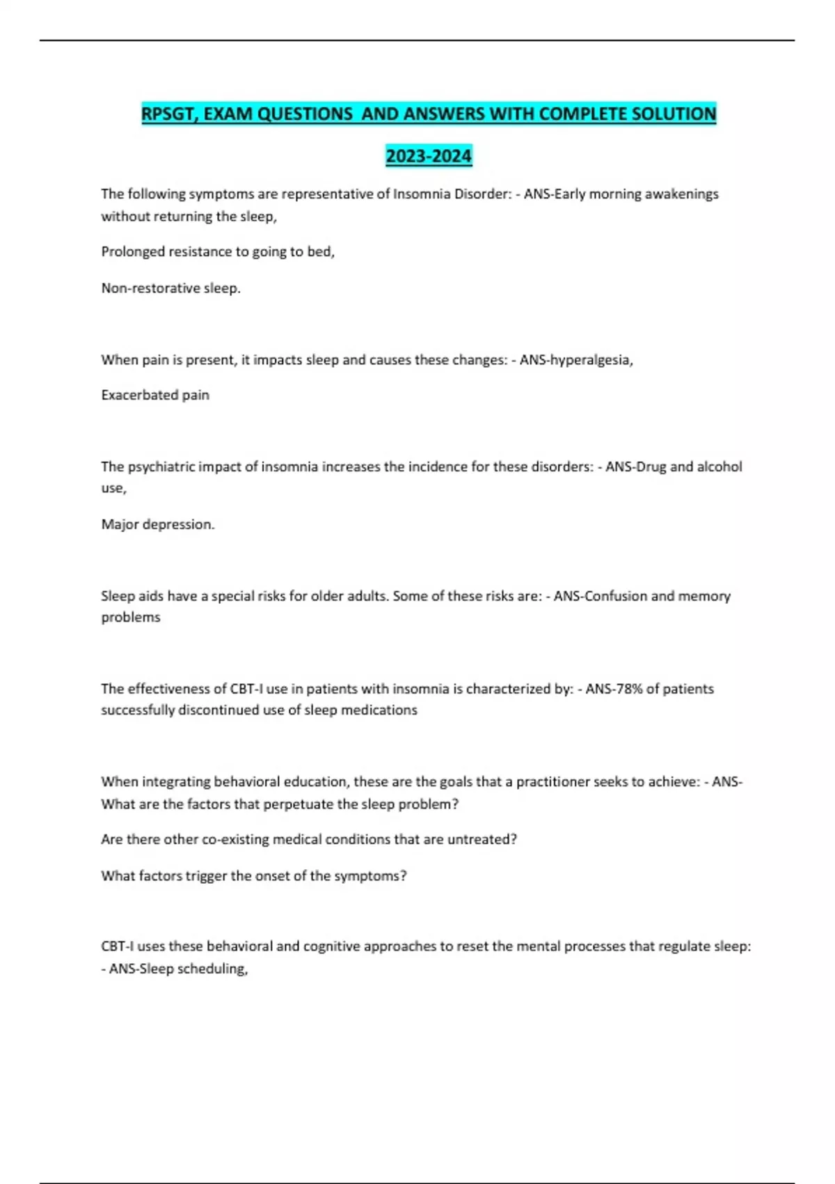 RPSGT, EXAM QUESTIONS AND ANSWERS WITH COMPLETE SOLUTION RPSGT