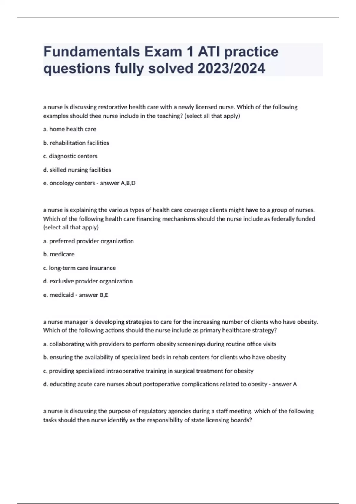 Fundamentals Exam 1 ATI practice questions fully solved 2023/2024 - Ati ...