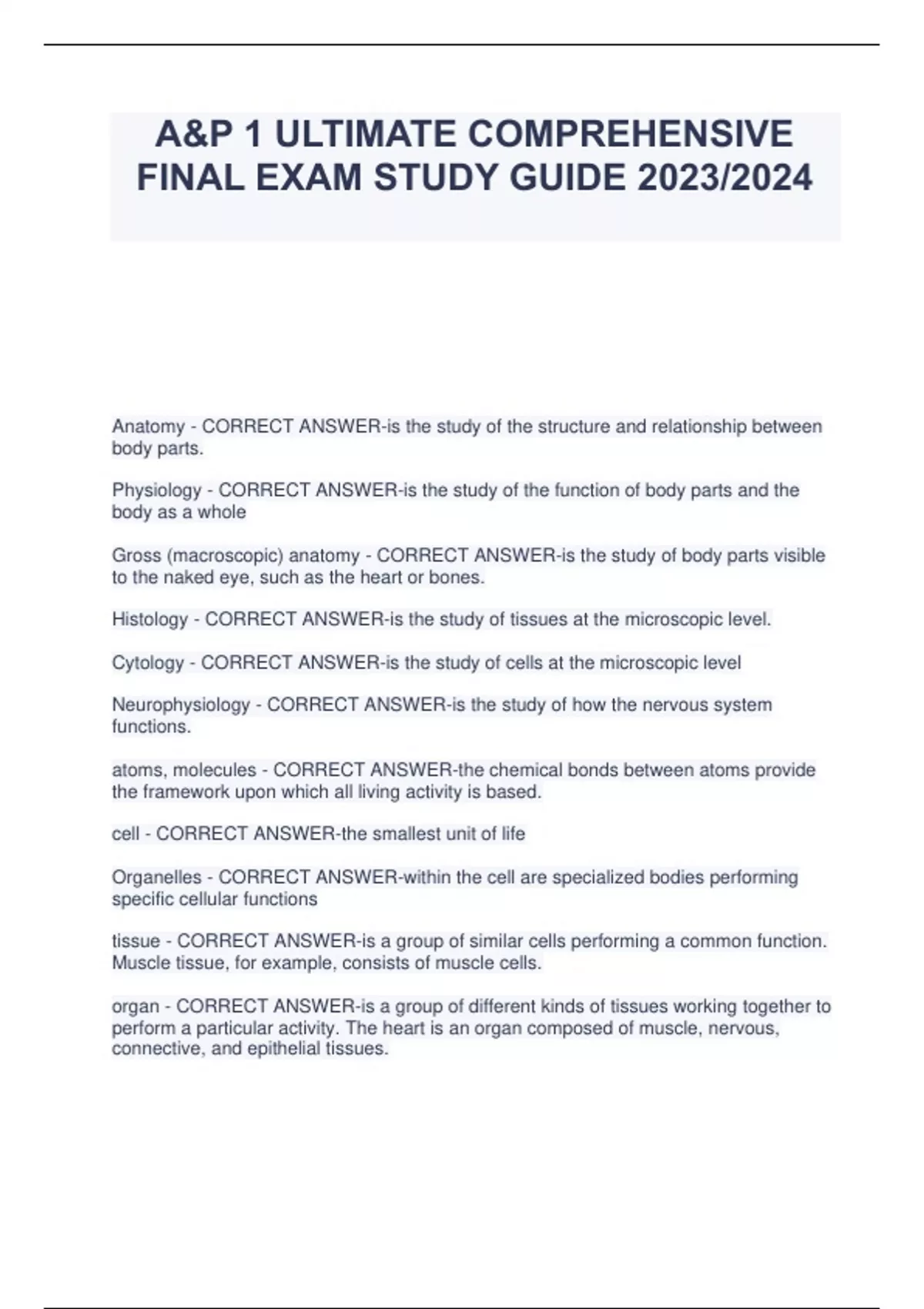 A&P 1 ULTIMATE COMPREHENSIVE FINAL EXAM STUDY GUIDE 2023/2024 ...