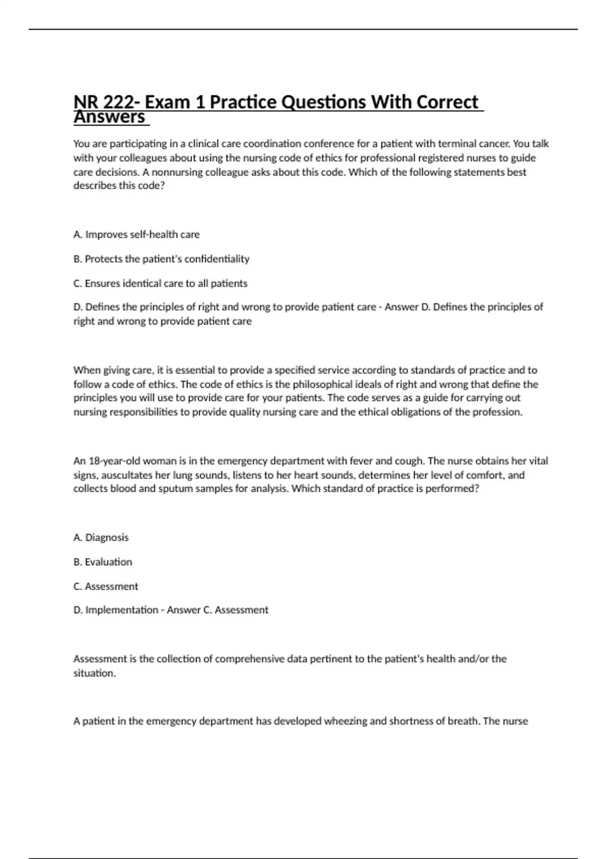 NR 222- Exam 1 Practice Questions With Correct Answers - NR 222 - Stuvia US