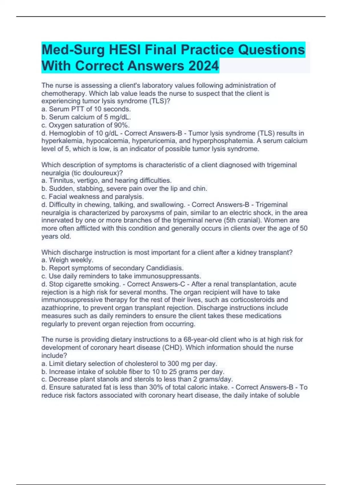 Med-Surg HESI Final Practice Questions With Correct Answers 2024 - Med ...