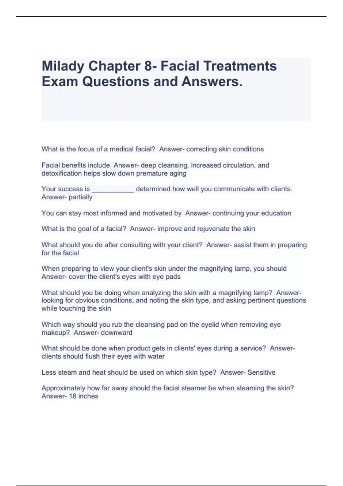 Milady Chapter 8 Facial Treatments Exam Questions and Answers