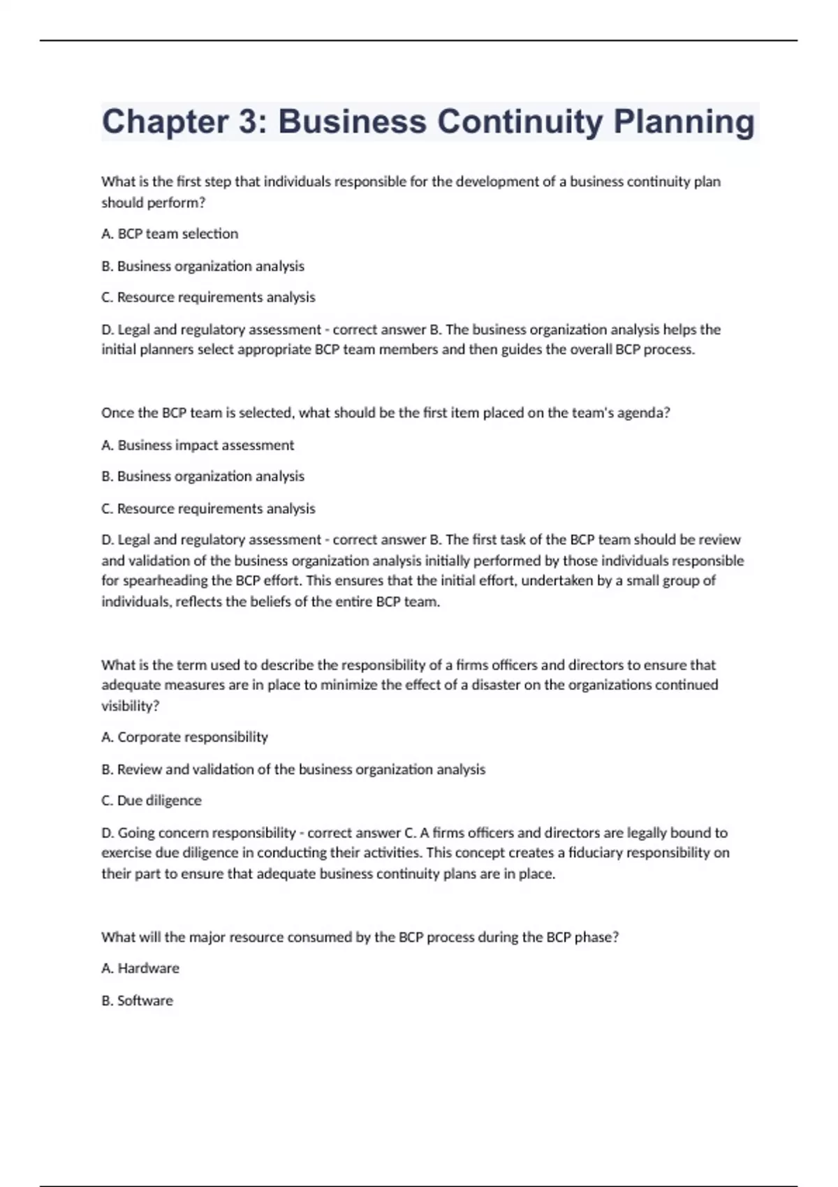 Bcp Questions Chapter 3 Business Continuity Planning 1 Question and answers 100% ...