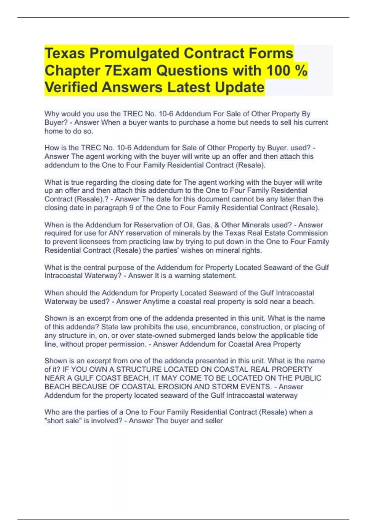 Texas Promulgated Contract Forms Chapter 7Exam Questions with 100 