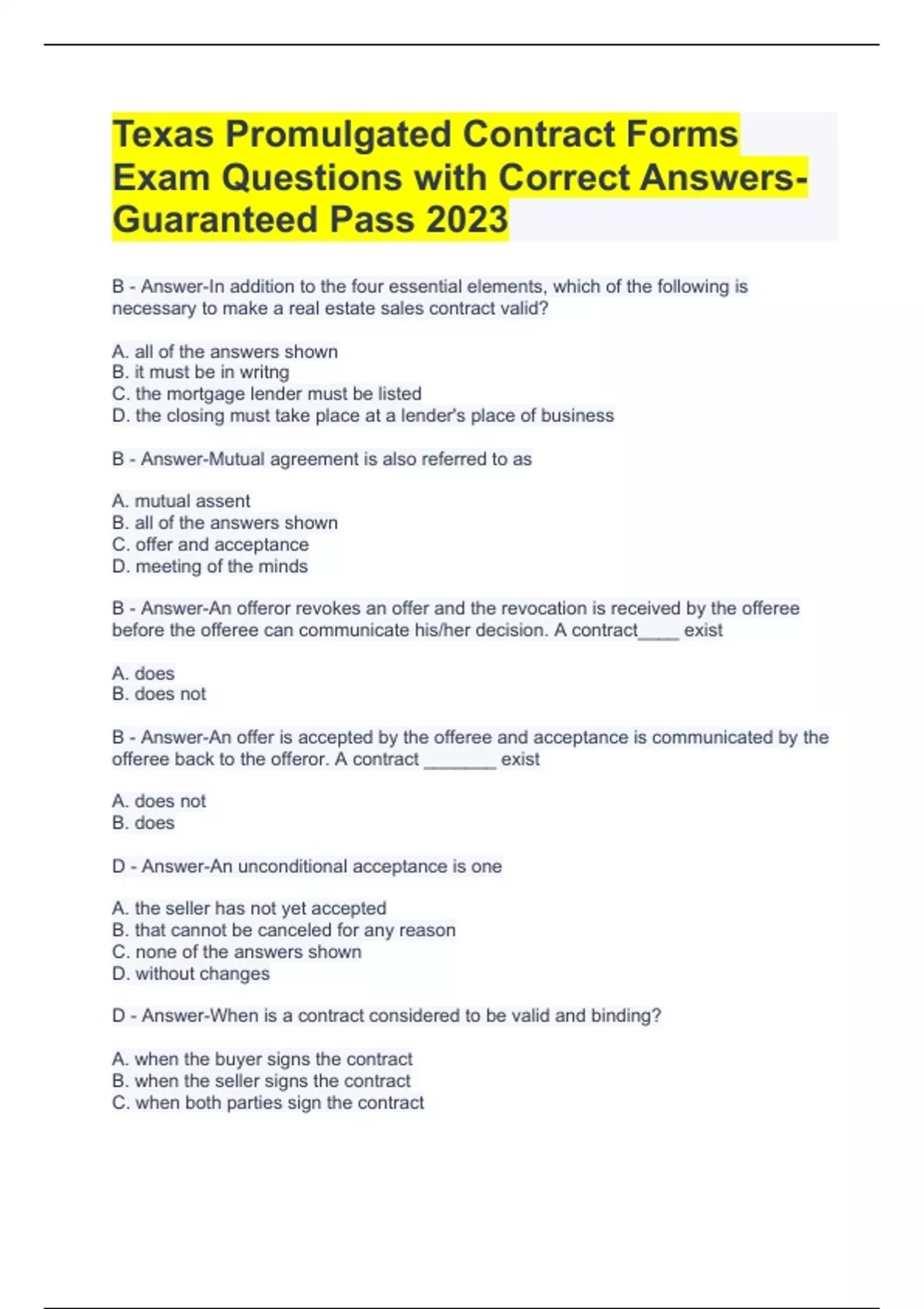 Texas Promulgated Contract Forms Exam Questions with Correct Answers