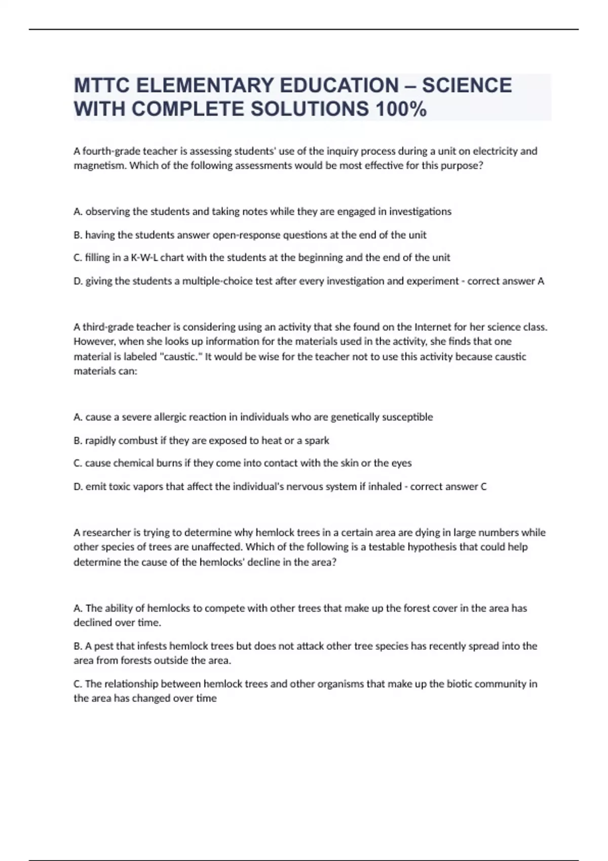 MTTC ELEMENTARY EDUCATION SCIENCE WITH COMPLETE SOLUTIONS 100