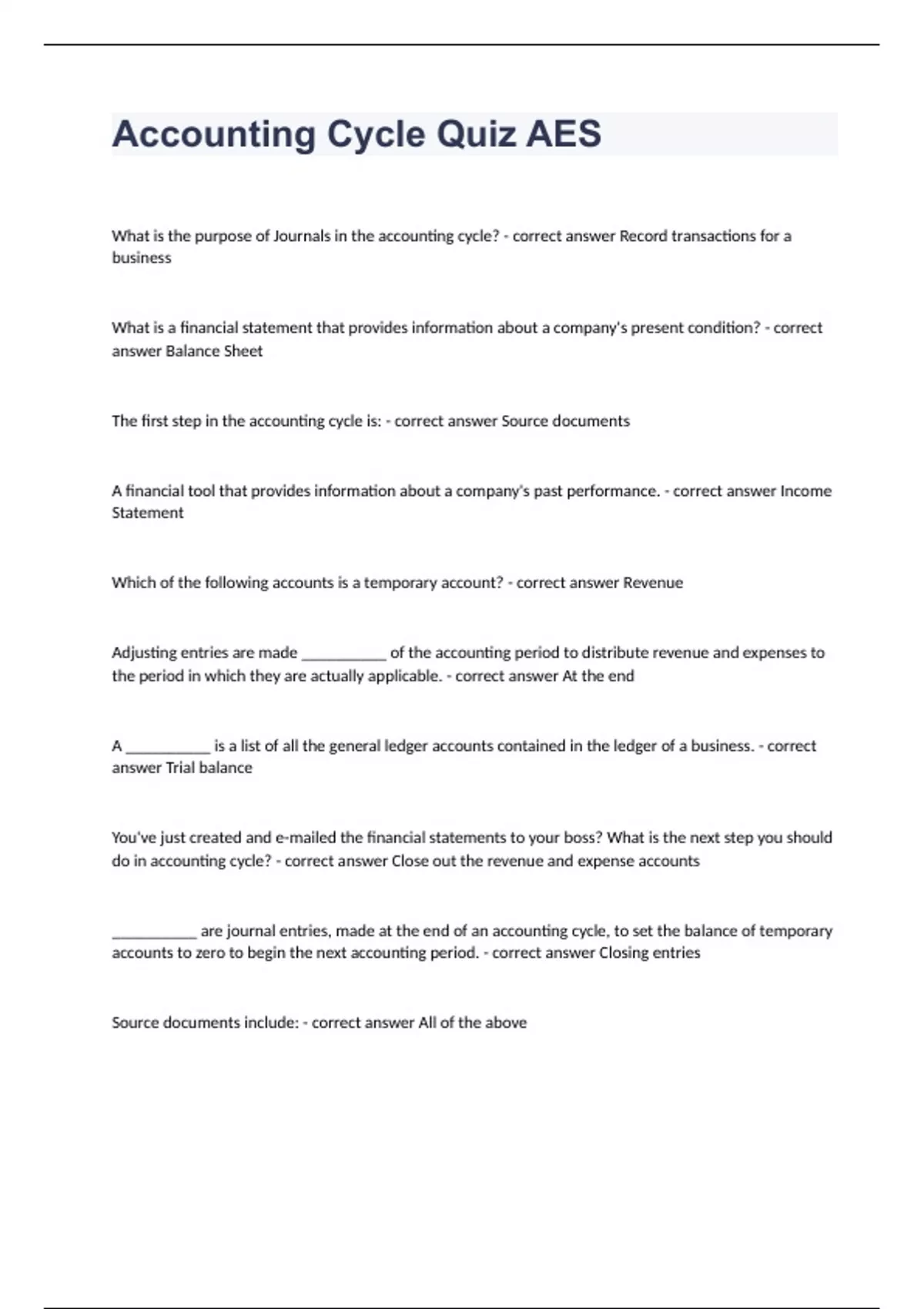 Accounting Cycle Quiz AES Question and answers correctly solved 2023/