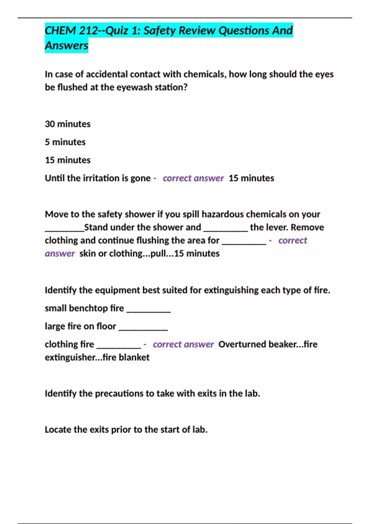 CHEM 212Quiz 1 Safety Review Questions And Answers Stuvia US