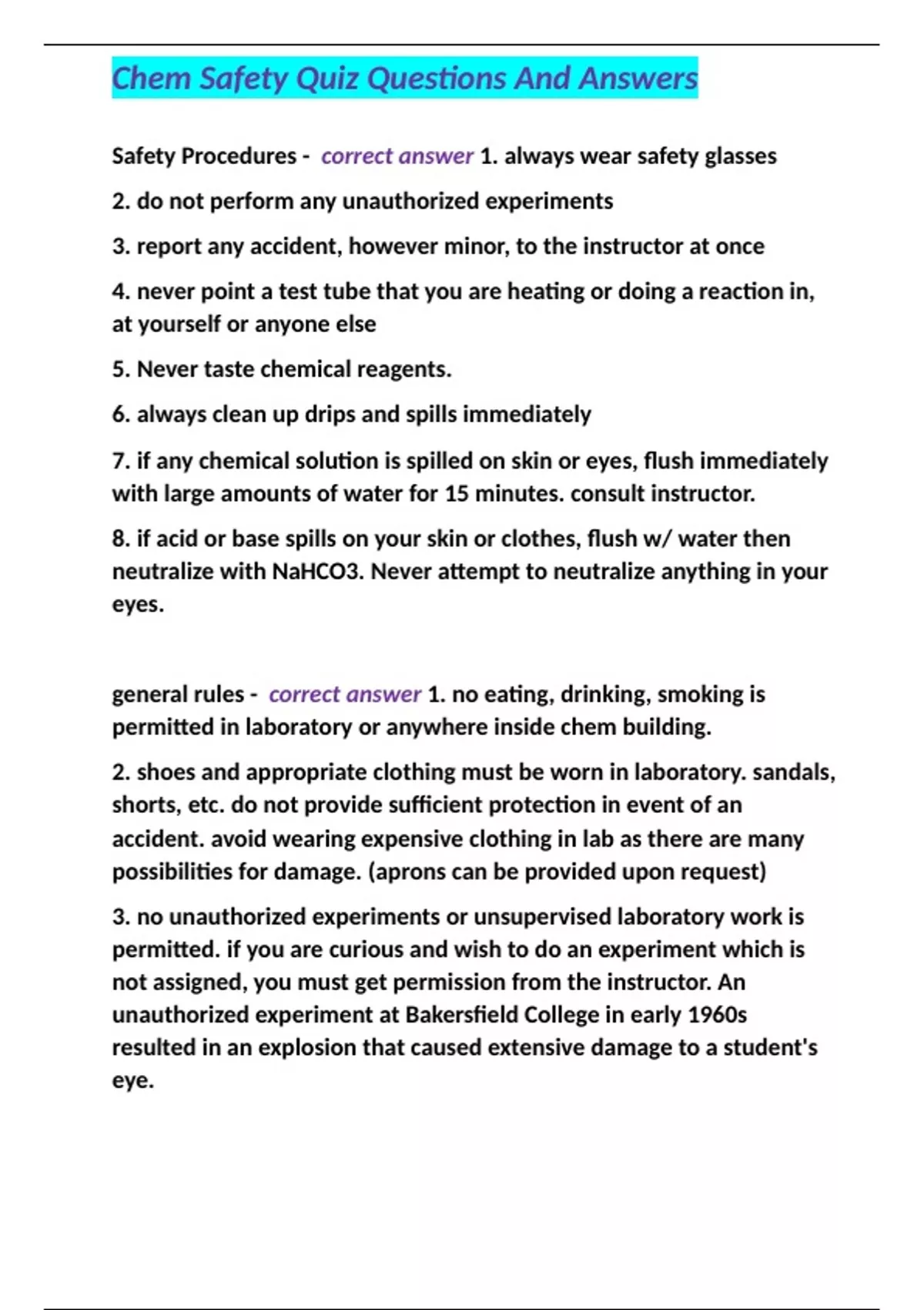 Chem Safety Quiz Questions And Answers Chem Safety Stuvia Us