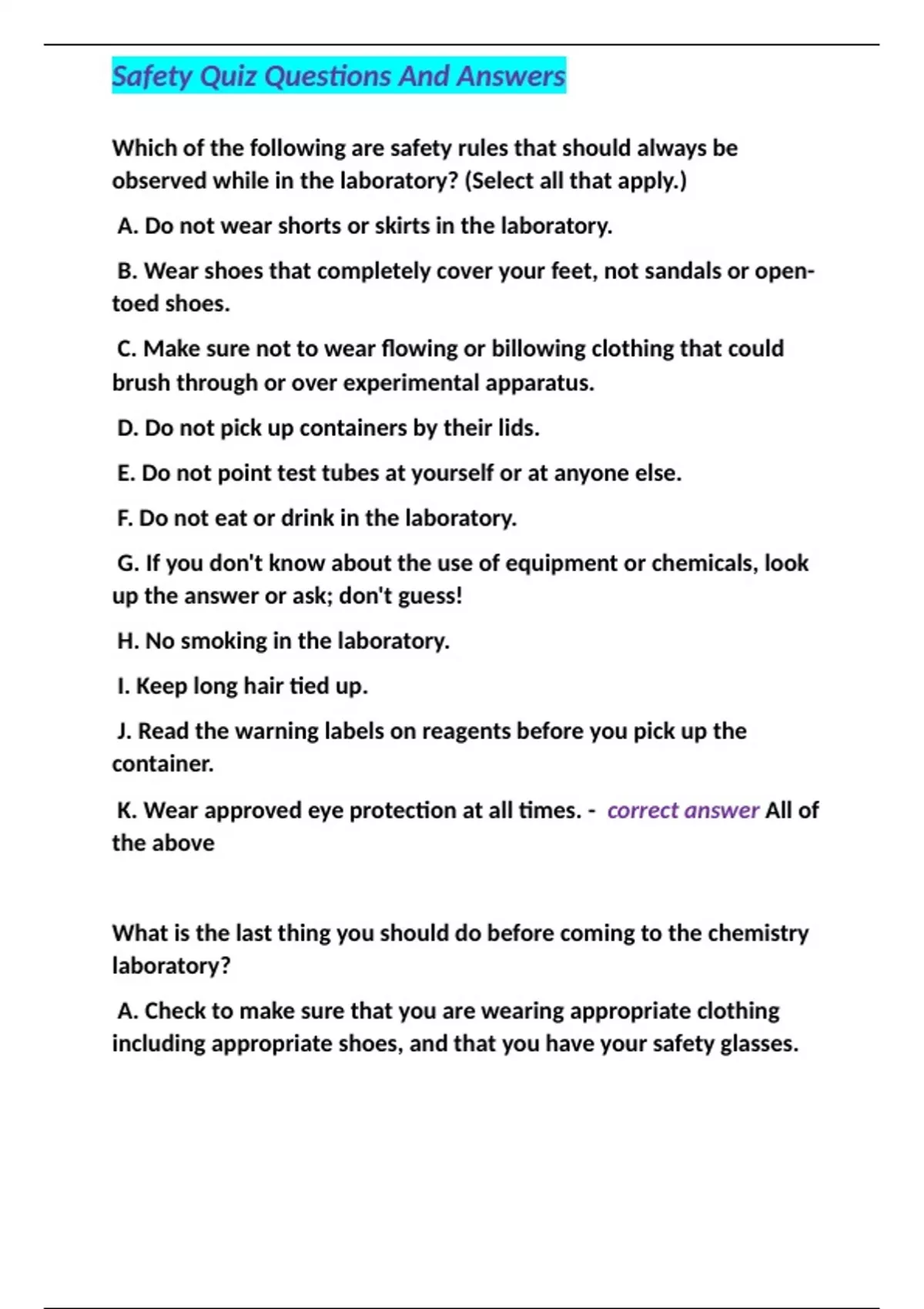 Safety Quiz Questions And Answers Safety. Stuvia US