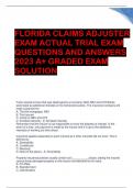 FLORIDA CLAIMS ADJUSTER  EXAM ACTUAL TRIAL EXAM  QUESTIONS AND ANSWERS  2023 A&plus; GRADED EXAM  SOLUTION