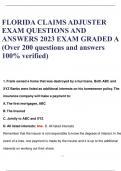 FLORIDA CLAIMS ADJUSTER  EXAM QUESTIONS AND  ANSWERS 2023 EXAM GRADED A &lpar;Over 200 questions and answers  100&percnt; verified