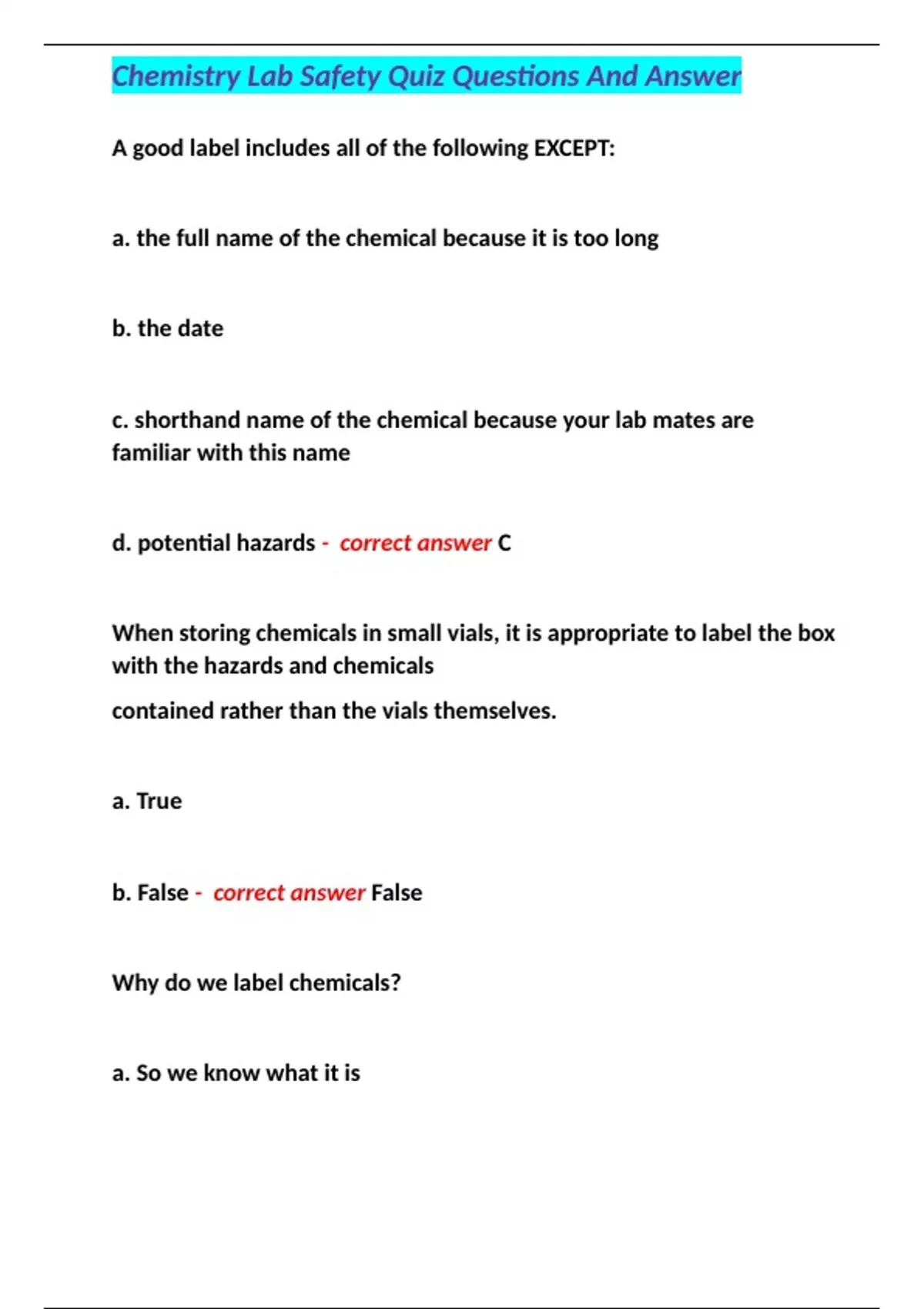 Chemistry Lab Safety Quiz Questions And Answer Chemistry Lab Safety