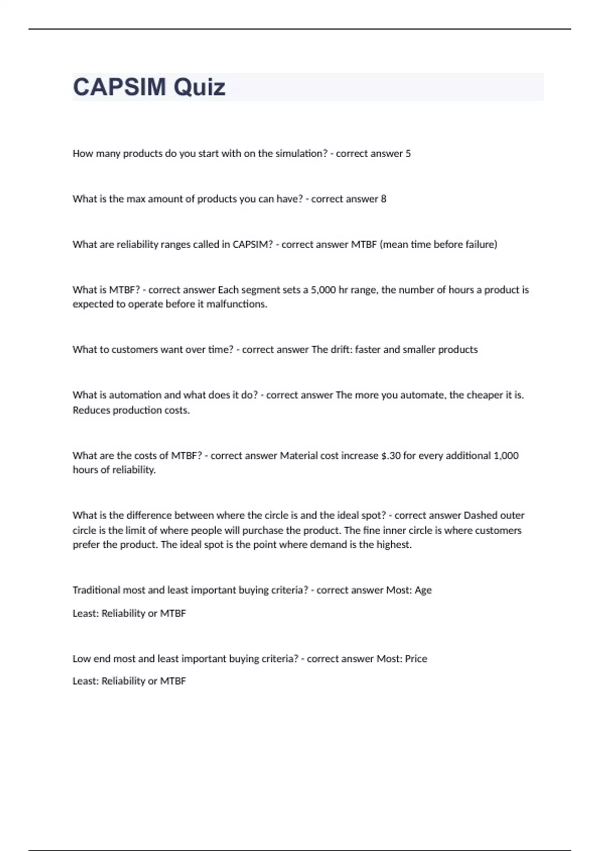 CAPSIM Quiz Questions with complete solution 2023/2024 ASHIM Stuvia UK