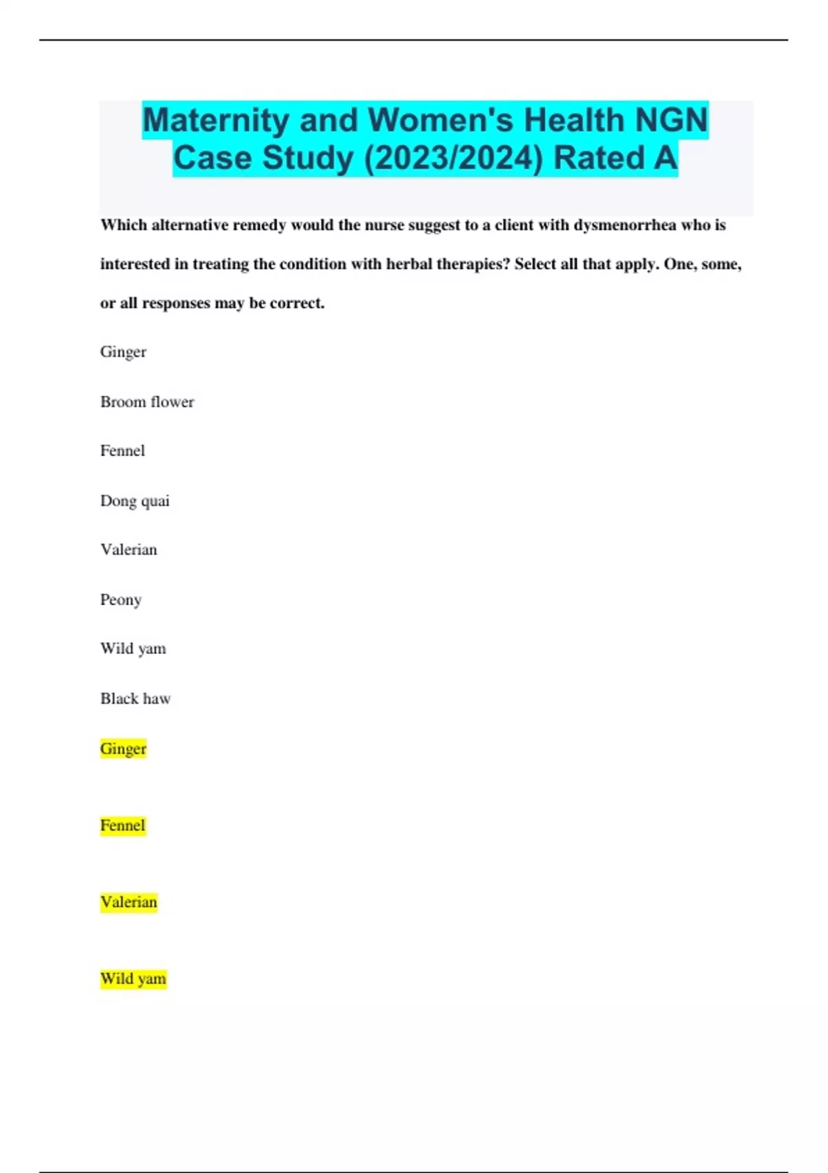 Maternity and Women's Health NGN Case Study (2023/2024) Rated A