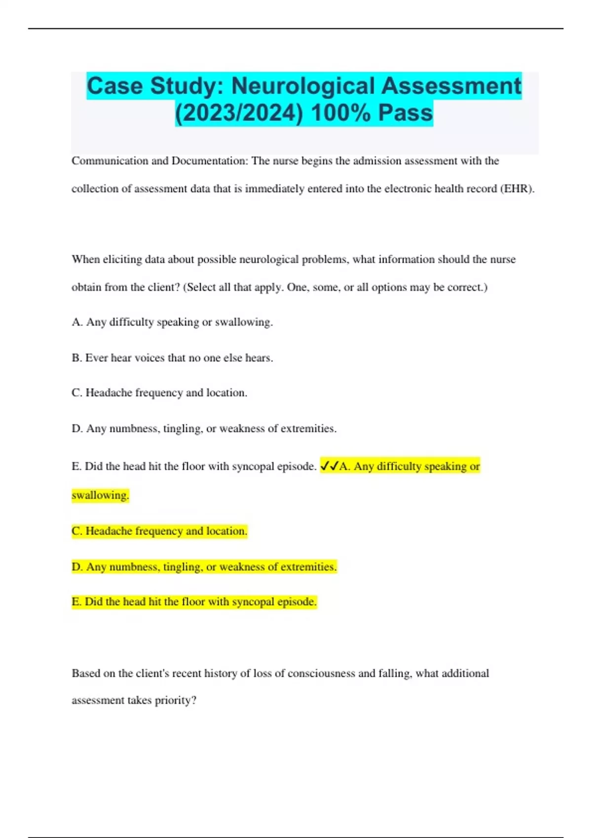 Case Study Neurological Assessment (2023/2024) 100 Pass Case Study