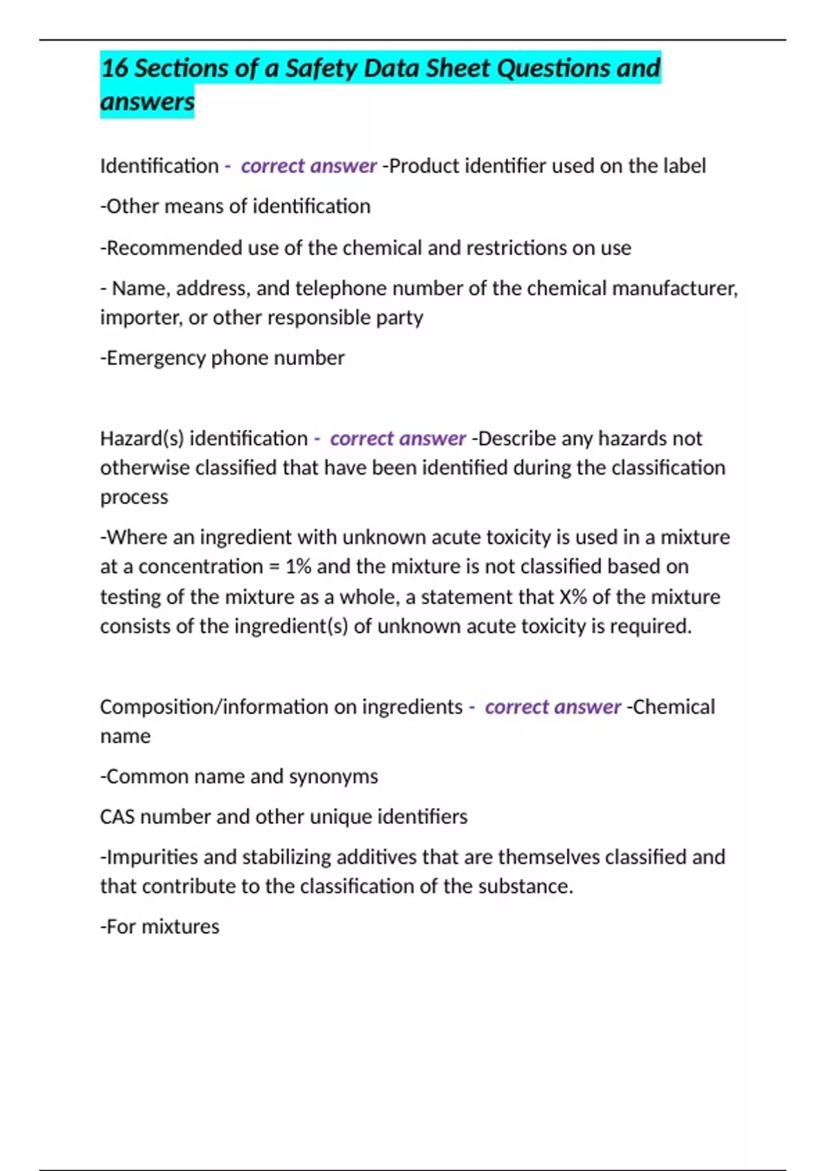16 Sections of a Safety Data Sheet Questions and answers 16 Sections