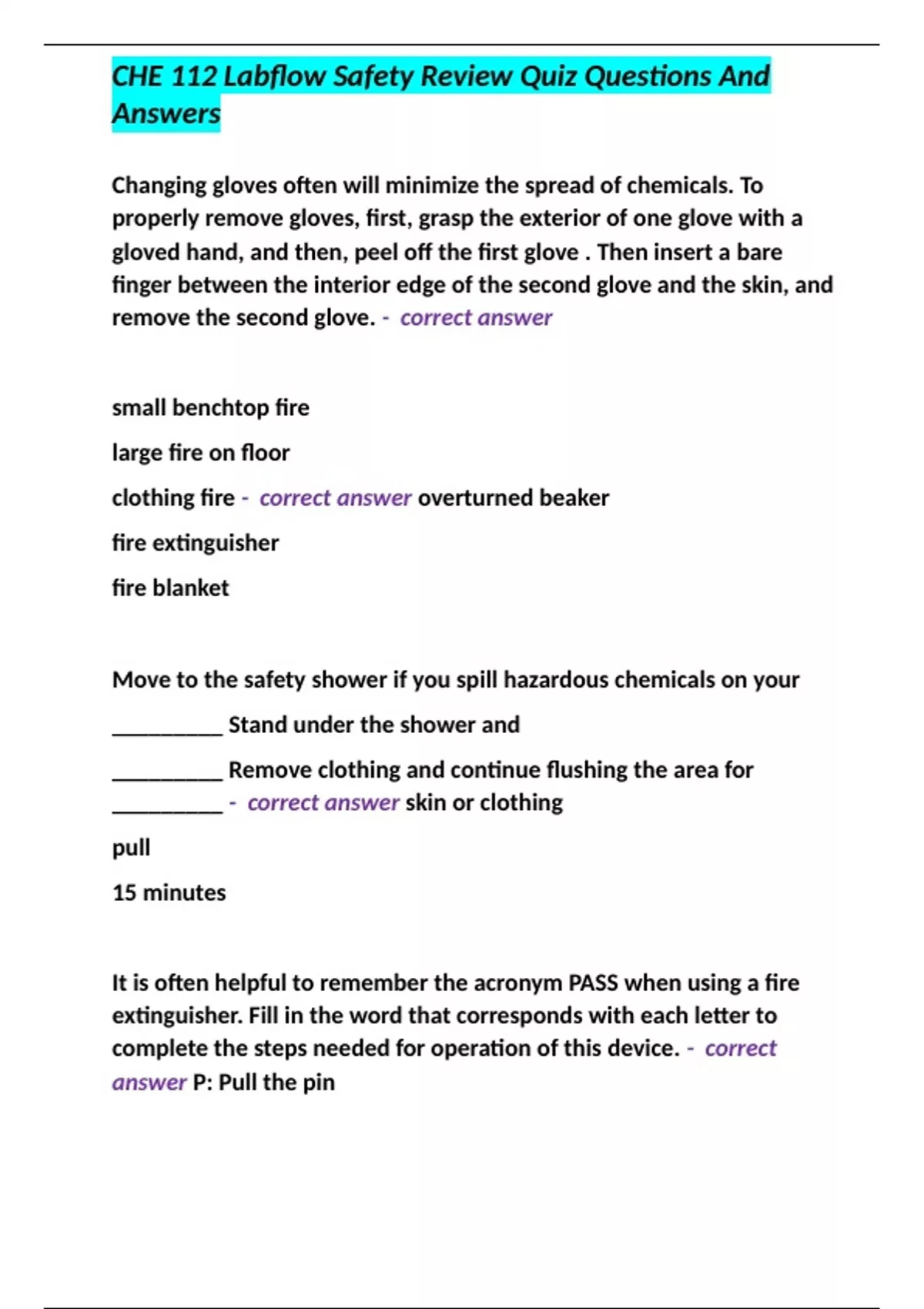 CHE 112 Labflow Safety Review Quiz Questions And Answers Stuvia US