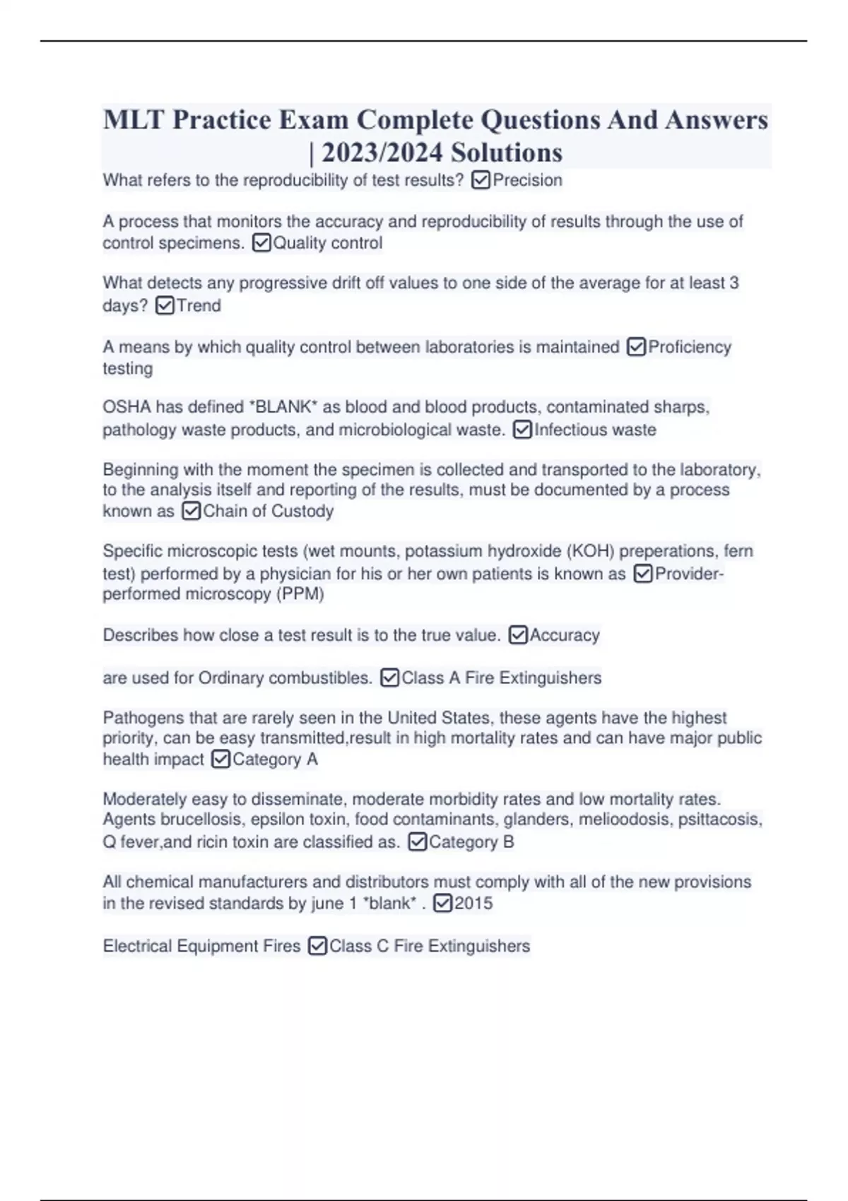 MLT Practice Exam Complete Questions And Answers 2023/2024 Solutions