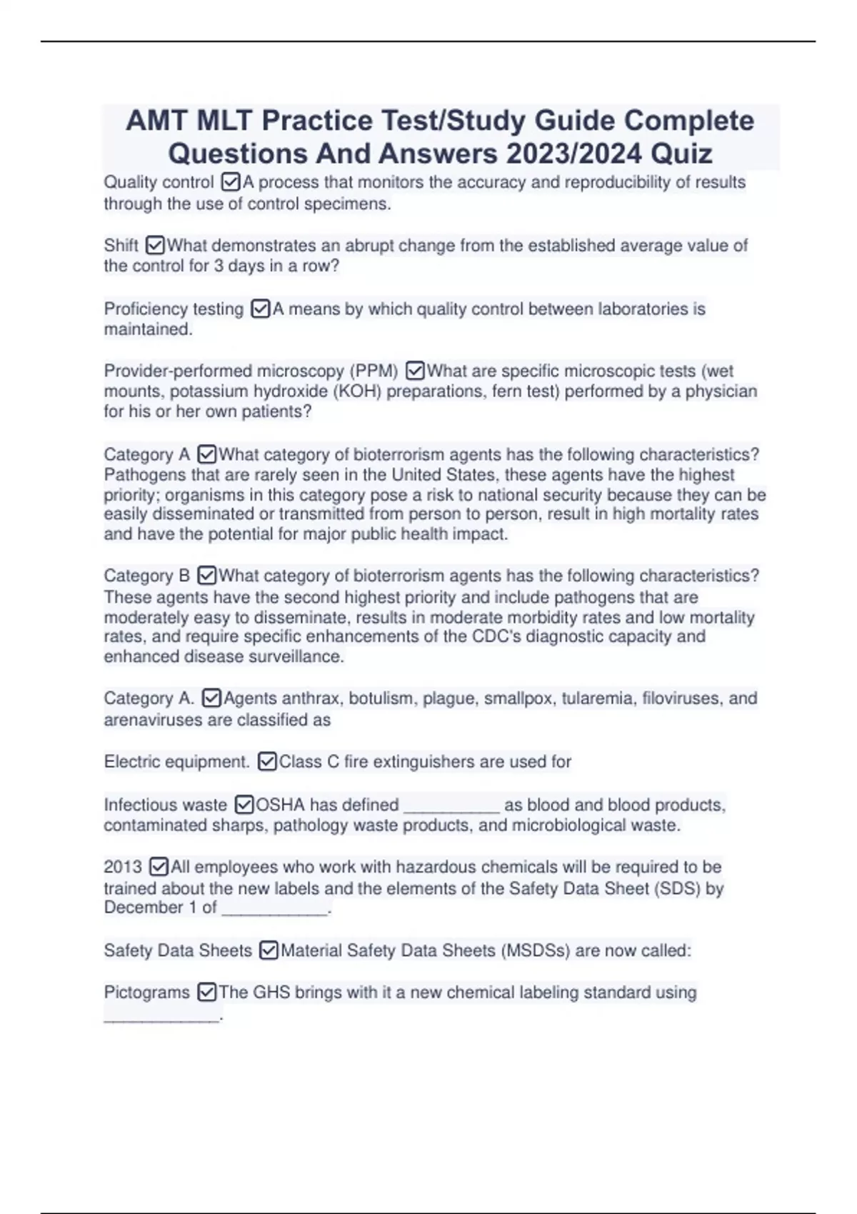 AMT MLT Practice Test/Study Guide Complete Questions And Answers 2023/