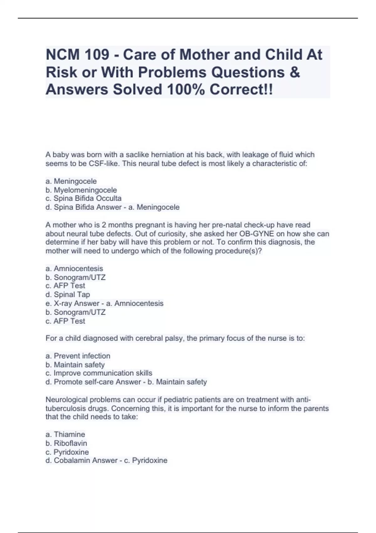 NCM 109 - Care of Mother and Child At Risk or With Problems Questions ...