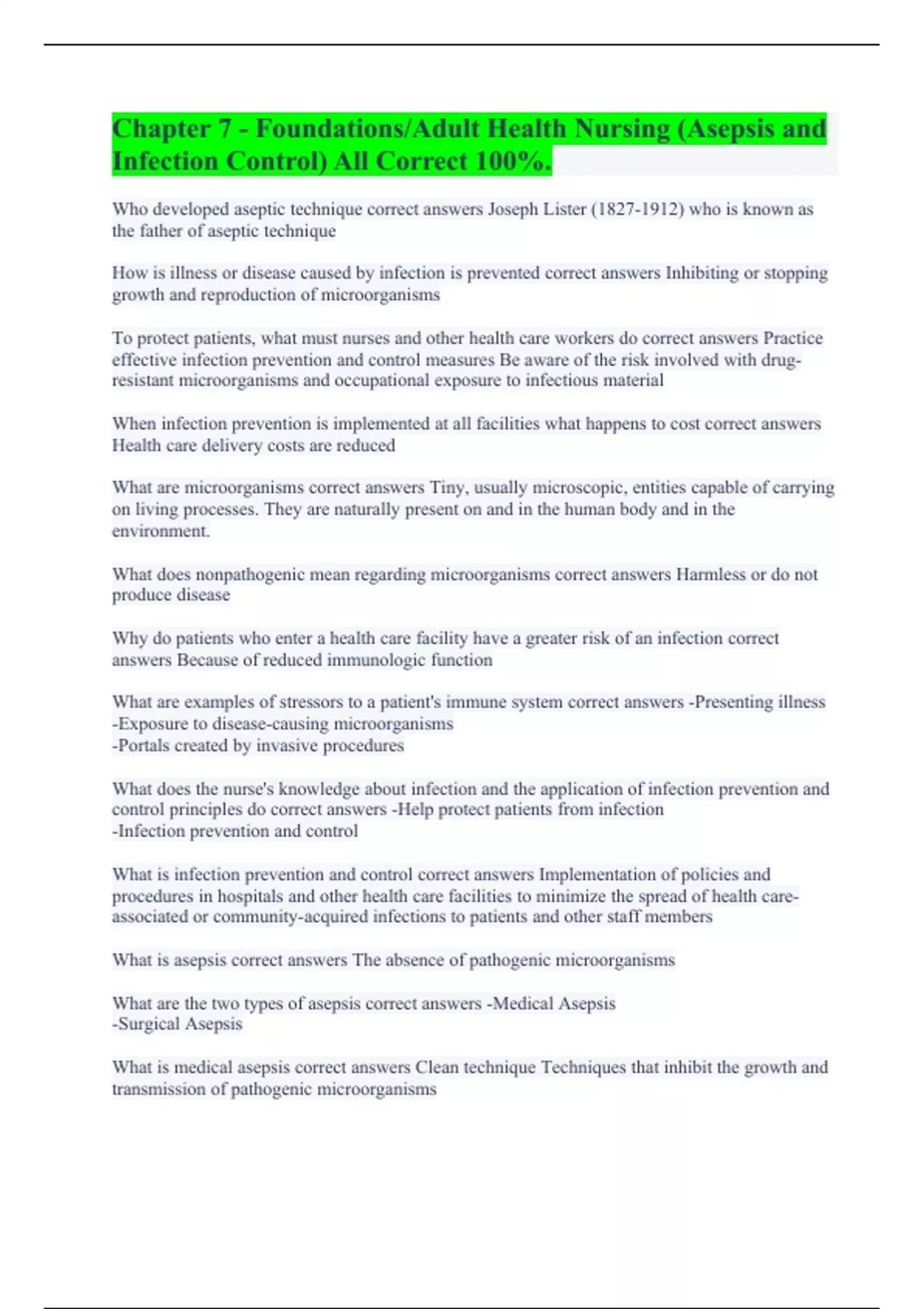 Chapter 7 - Foundations/Adult Health Nursing (Asepsis and Infection ...