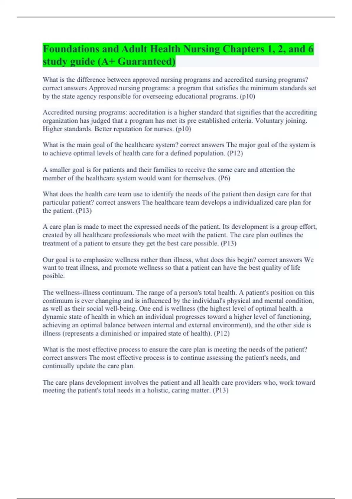 Foundations and Adult Health Nursing Chapters 1, 2, and 6 study guide ...