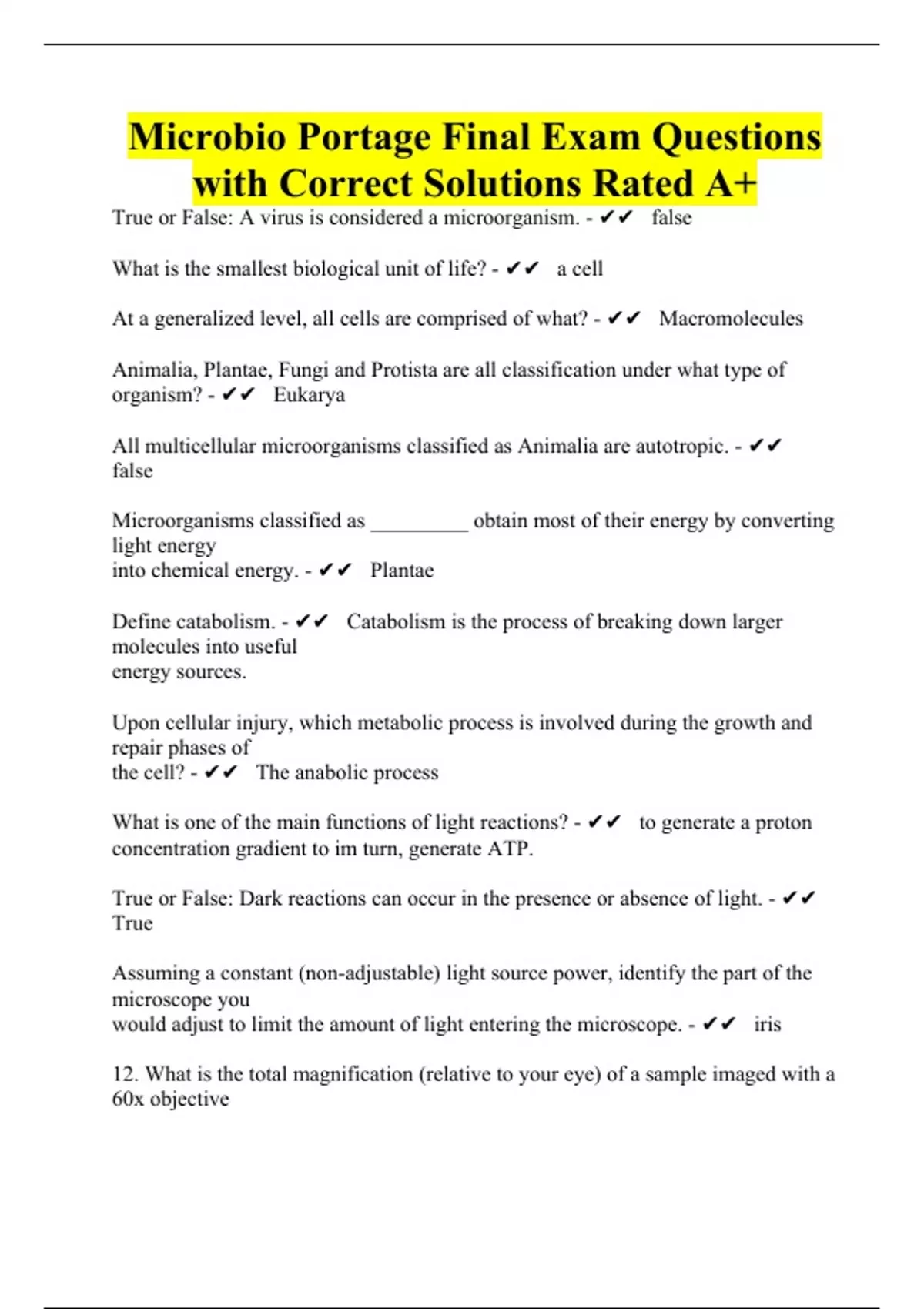 Microbio Portage Final Exam Questions with Correct Solutions Rated A+ ...