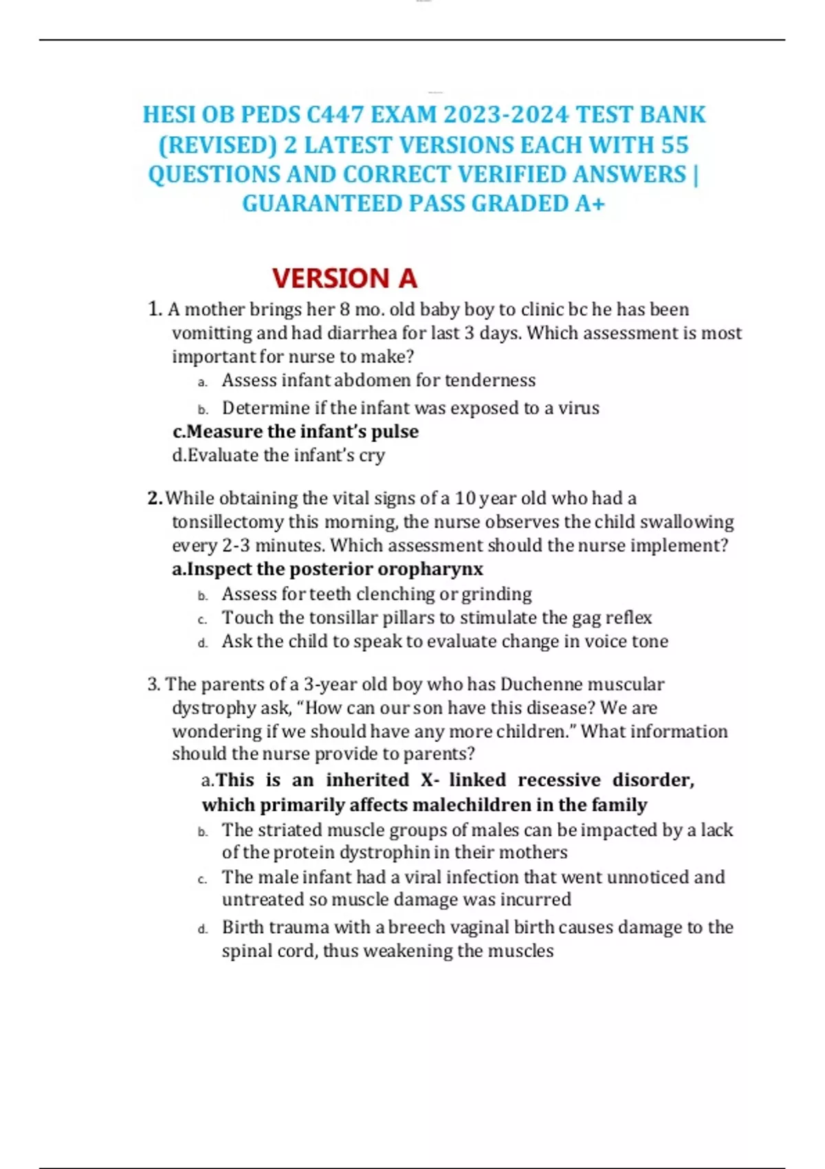 HESI OB PEDS C447 EXAM TEST BANK (REVISED) 2 LATEST VERSIONS EACH WITH ...