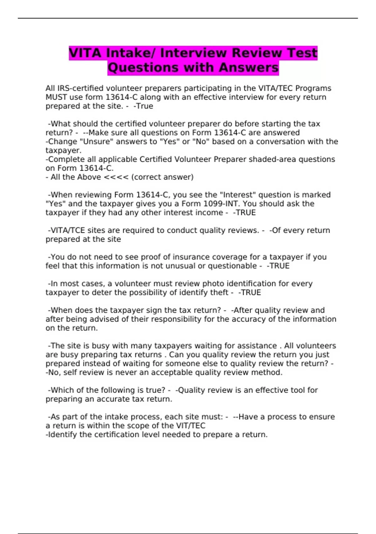 VITA Intake/ Interview Review Test Questions with Answers - VITA Intake ...