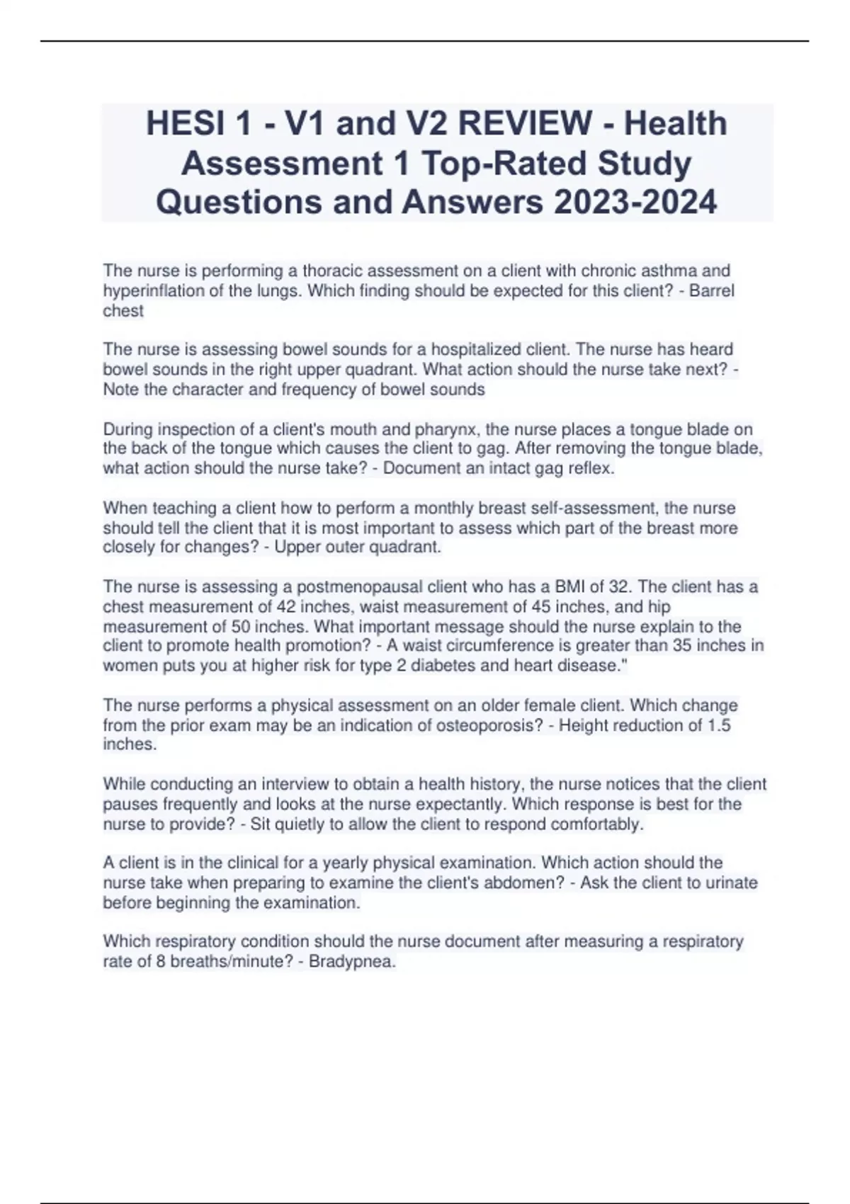 HESI 1 - V1 and V2 REVIEW - Health Assessment 1 Top-Rated Study ...