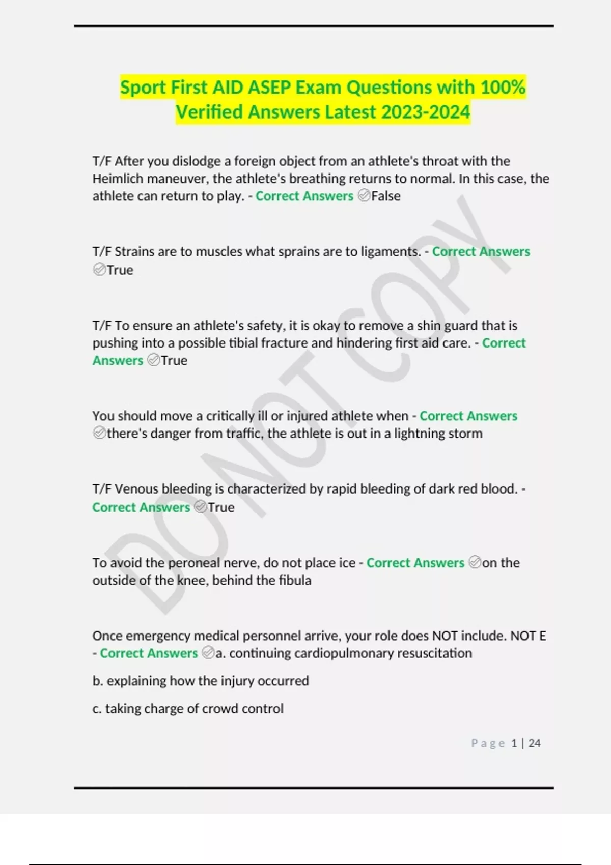 Sport First AID ASEP Exam Questions with 100 Verified Answers Latest