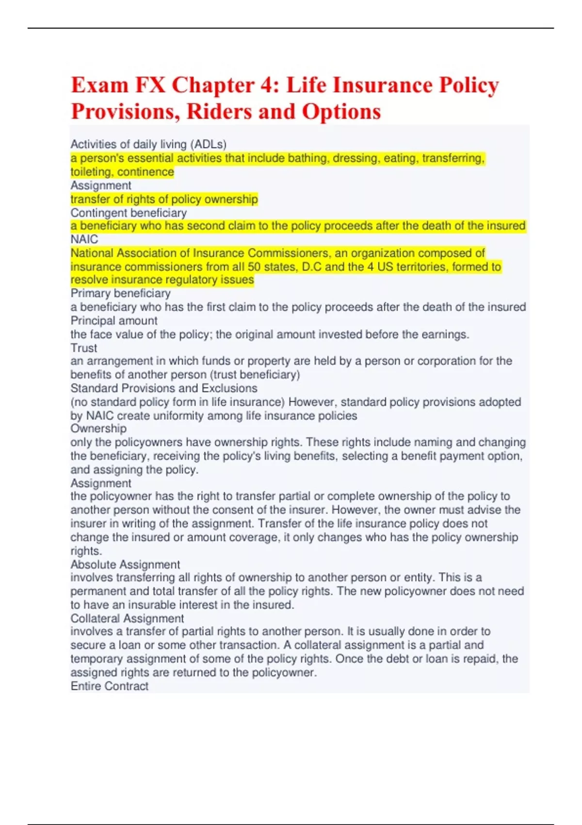 Exam FX Chapter 4 Life Insurance Policy Provisions, Riders and Options