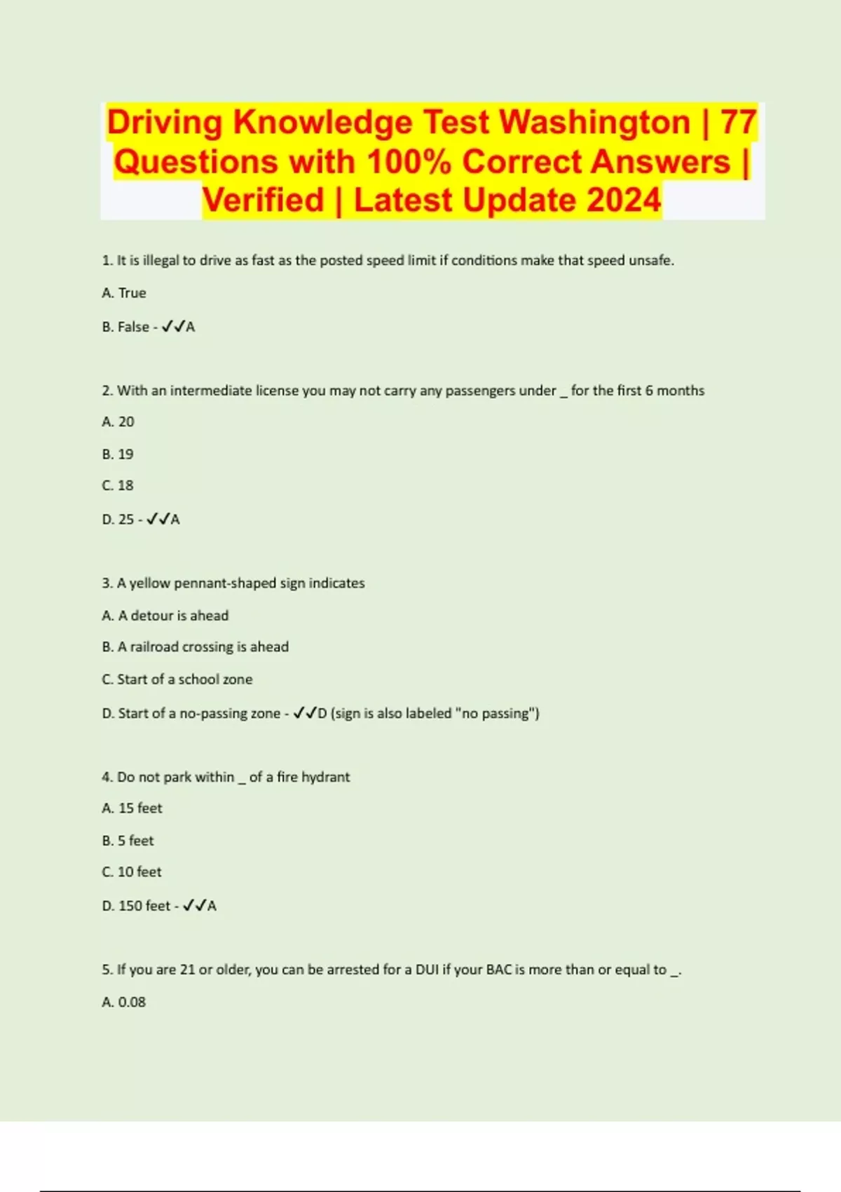 Driving Knowledge Test Washington 77 Questions with 100 Correct Answers Verified Latest