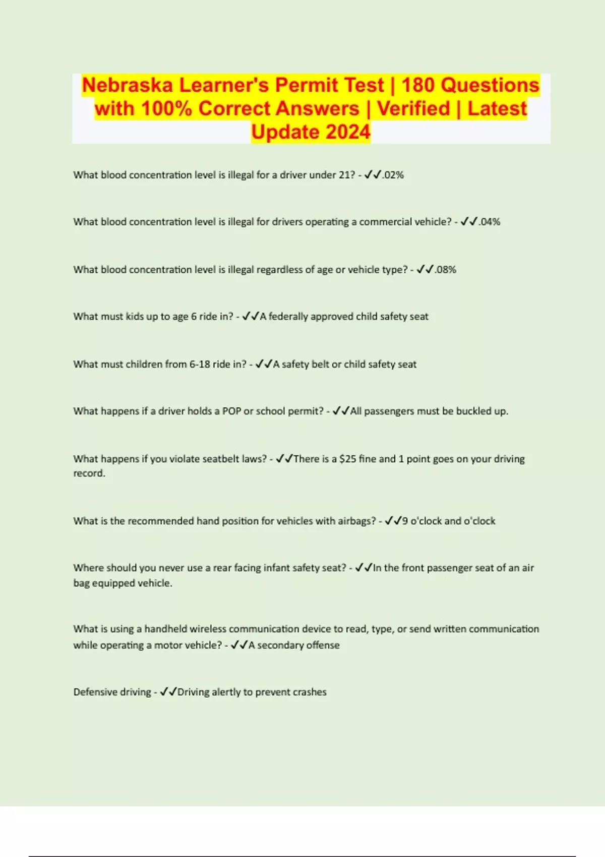 Nebraska Learner's Permit Test 180 Questions with 100 Correct