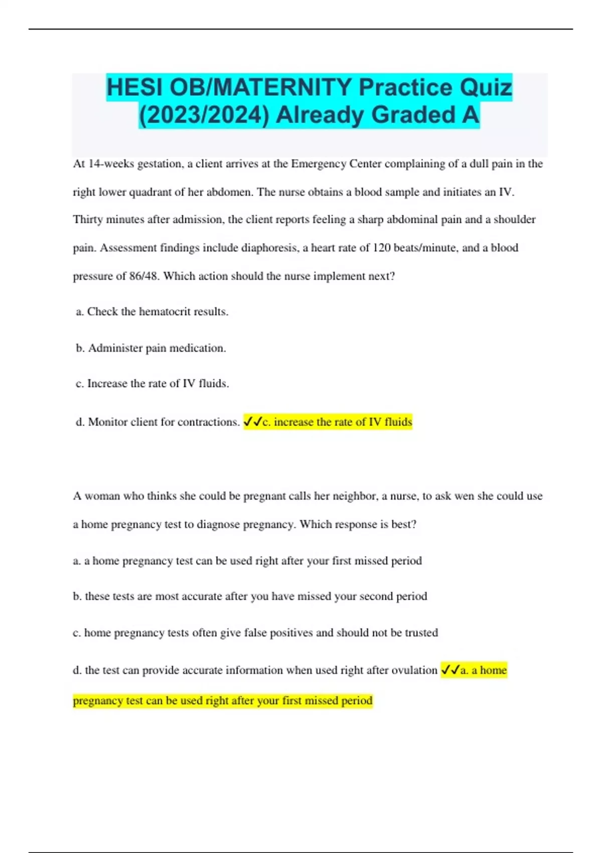 HESI OB/MATERNITY Practice Quiz (2023/2024) Already Graded A HESI OB