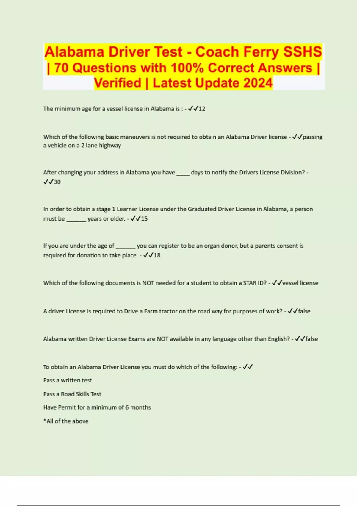 Alabama Driver Test Coach Ferry SSHS 70 Questions with 100 Correct