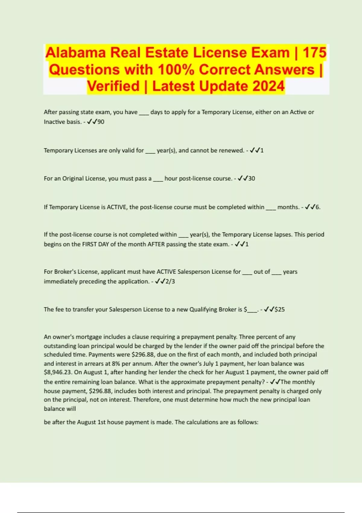 Alabama Real Estate License Exam 175 Questions with 100 Correct