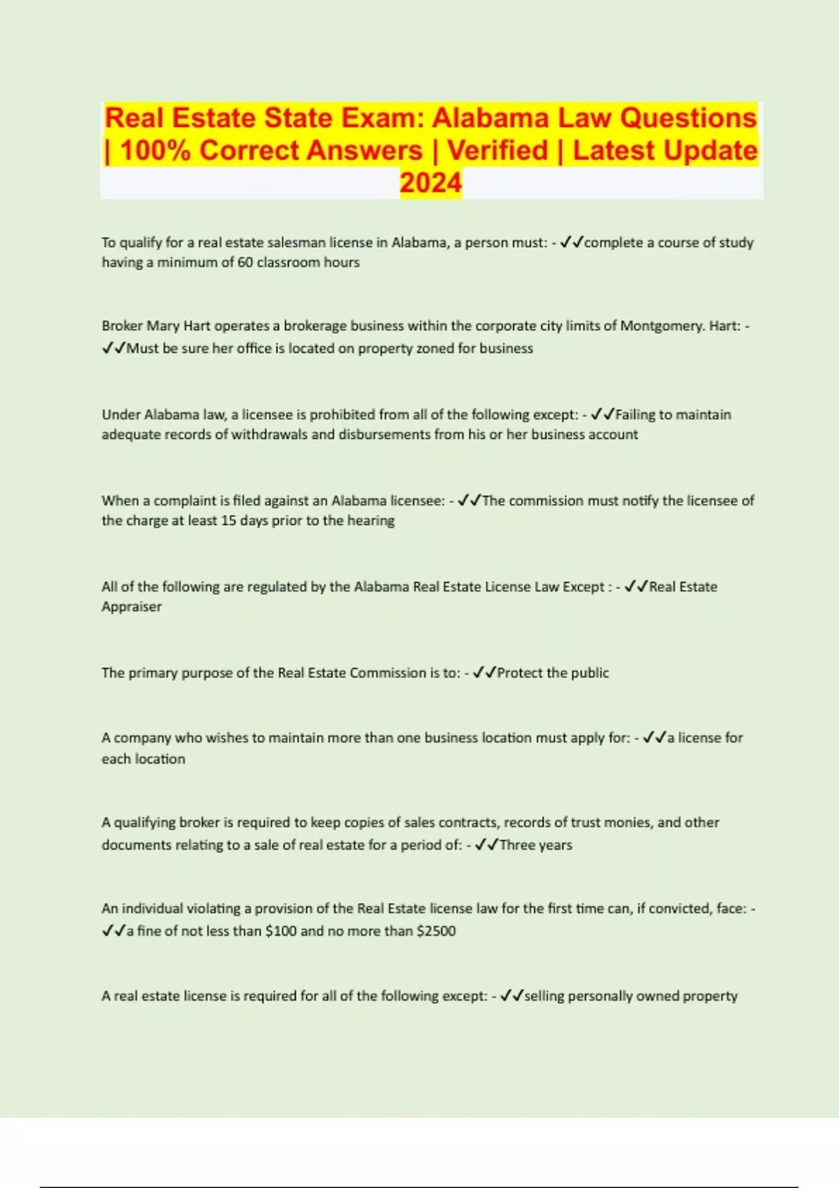 Real Estate State Exam Alabama Law Questions 100 Correct Answers Verified Latest Update