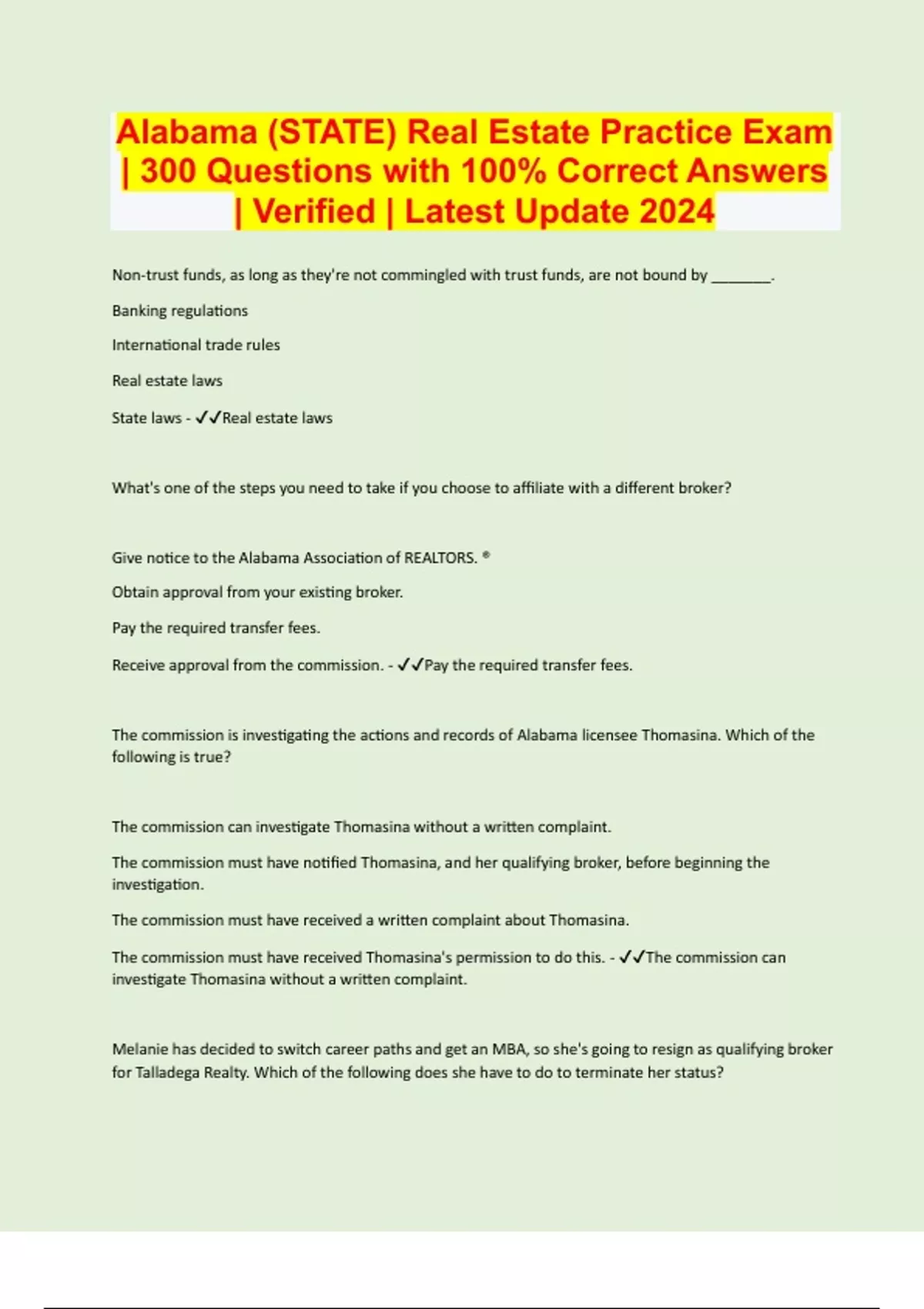 Alabama (STATE) Real Estate Practice Exam 300 Questions with 100 Correct Answers Verified