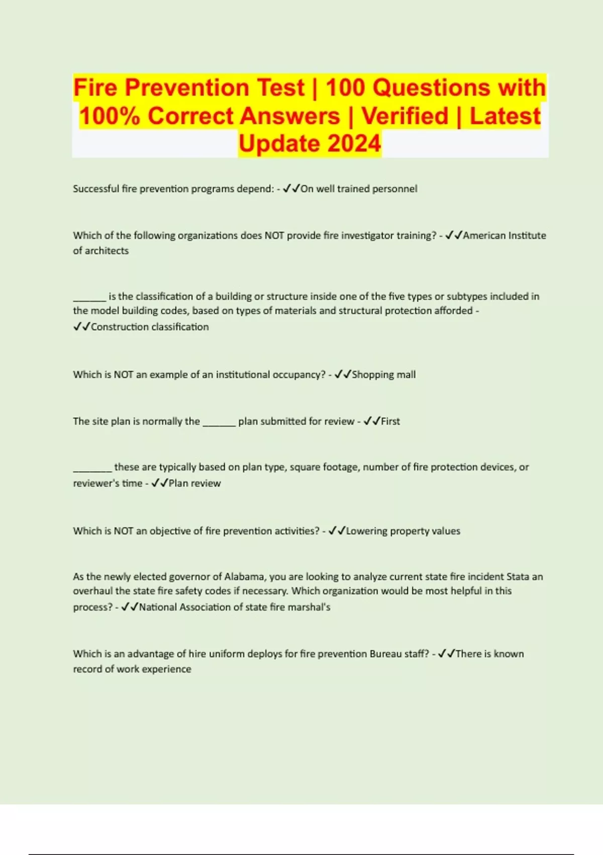 Fire Prevention Test 100 Questions with 100 Correct Answers