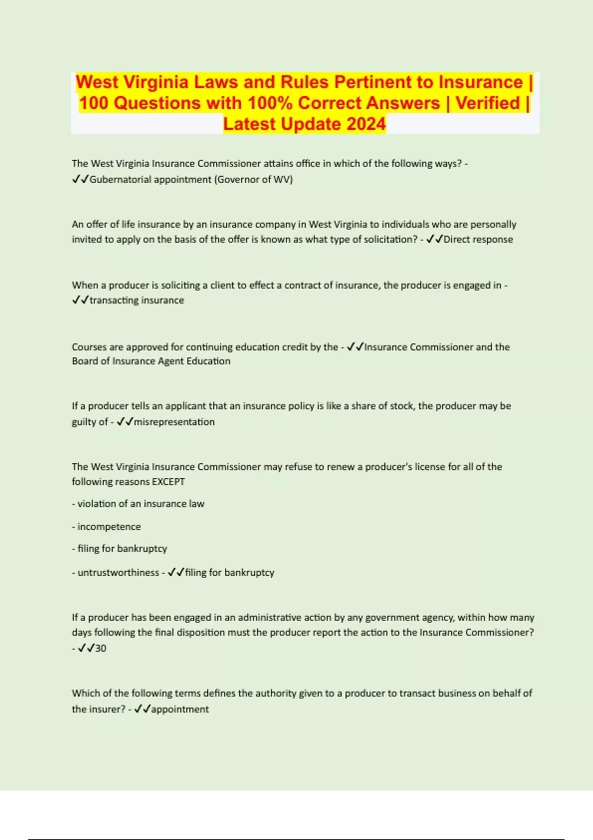 West Virginia Laws and Rules Pertinent to Insurance 100 Questions